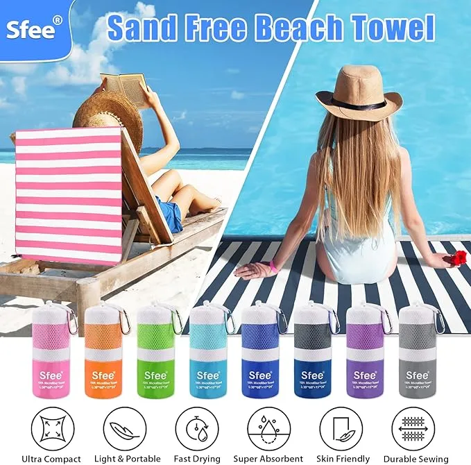 Sfee 2 in 1 Microfiber Beach Towel, Quick Dry Towel Camping Towel Travel Towel Super Absorbent Compact Lightweight Sports Towel Gym Towel Set for Beach, Gym, Hiking, Pool, Backpacking, Bath, Yoga