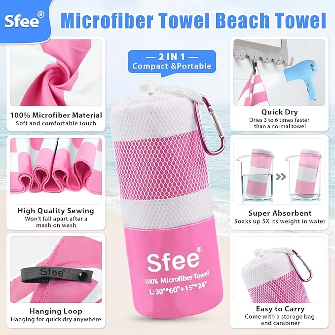 Sfee 2 in 1 Microfiber Beach Towel, Quick Dry Towel Camping Towel Travel Towel Super Absorbent Compact Lightweight Sports Towel Gym Towel Set for Beach, Gym, Hiking, Pool, Backpacking, Bath, Yoga