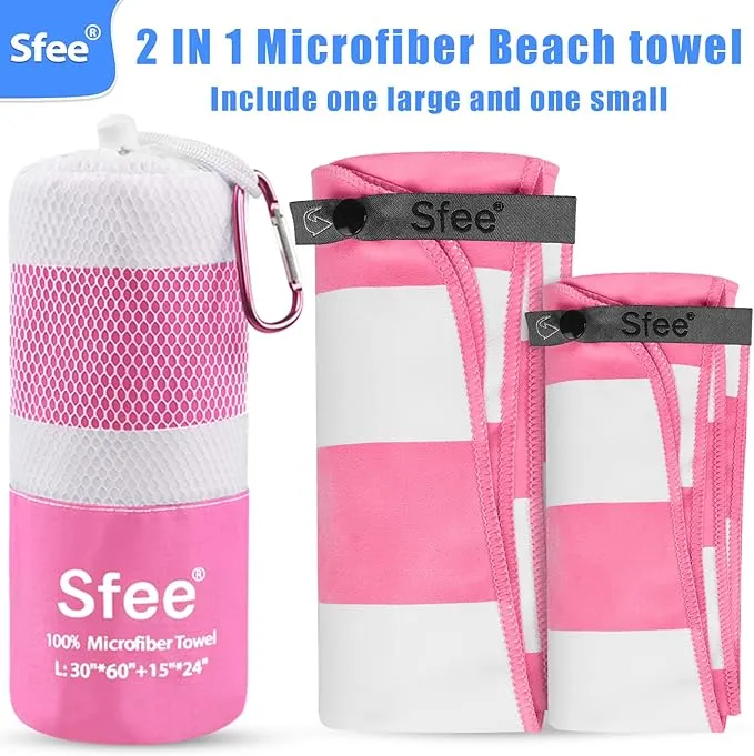 Sfee 2 in 1 Microfiber Beach Towel, Quick Dry Towel Camping Towel Travel Towel Super Absorbent Compact Lightweight Sports Towel Gym Towel Set for Beach, Gym, Hiking, Pool, Backpacking, Bath, Yoga