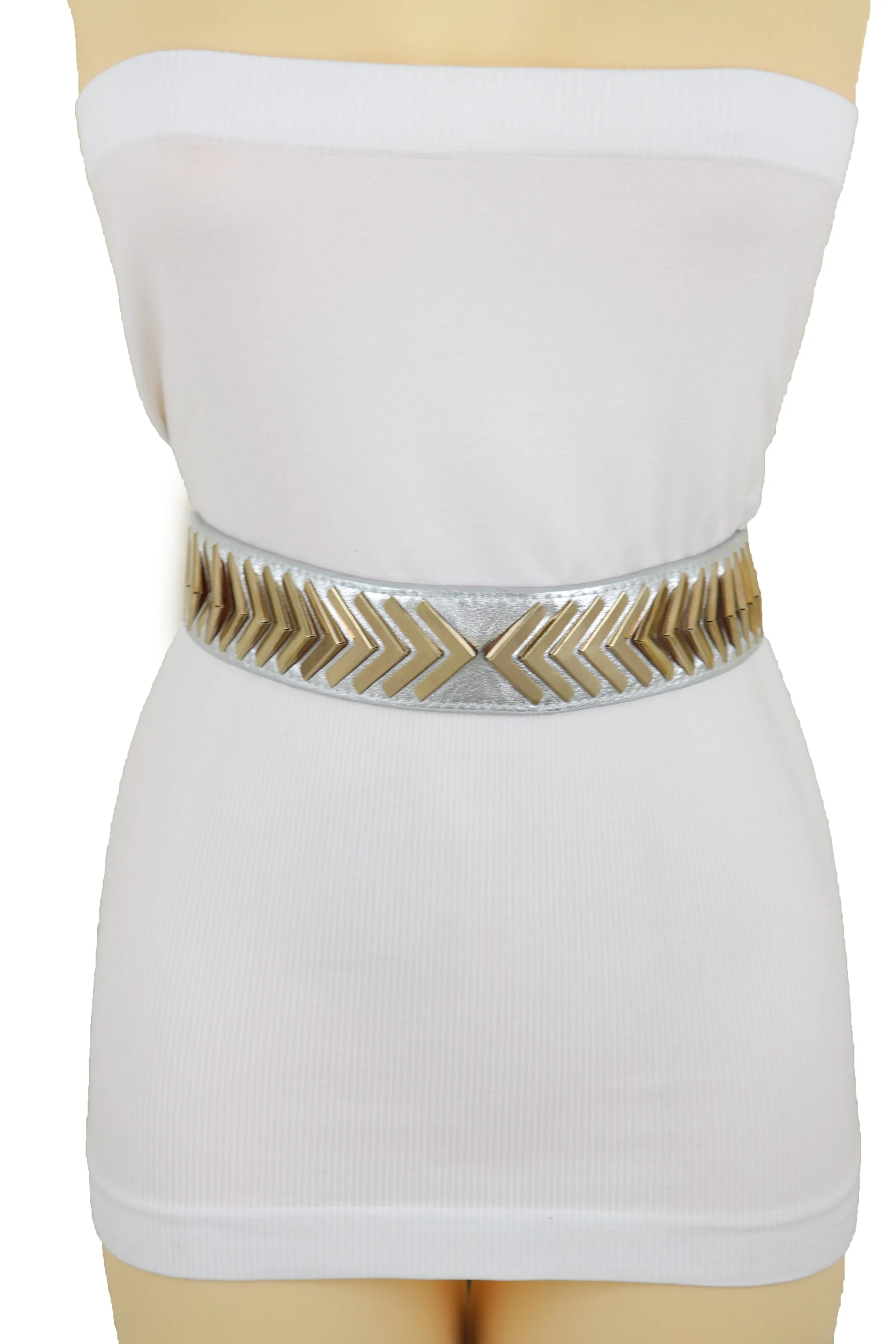 Silver Faux Leather Elastic Band Fashion Tie Belt Gold Metal Arrows S M