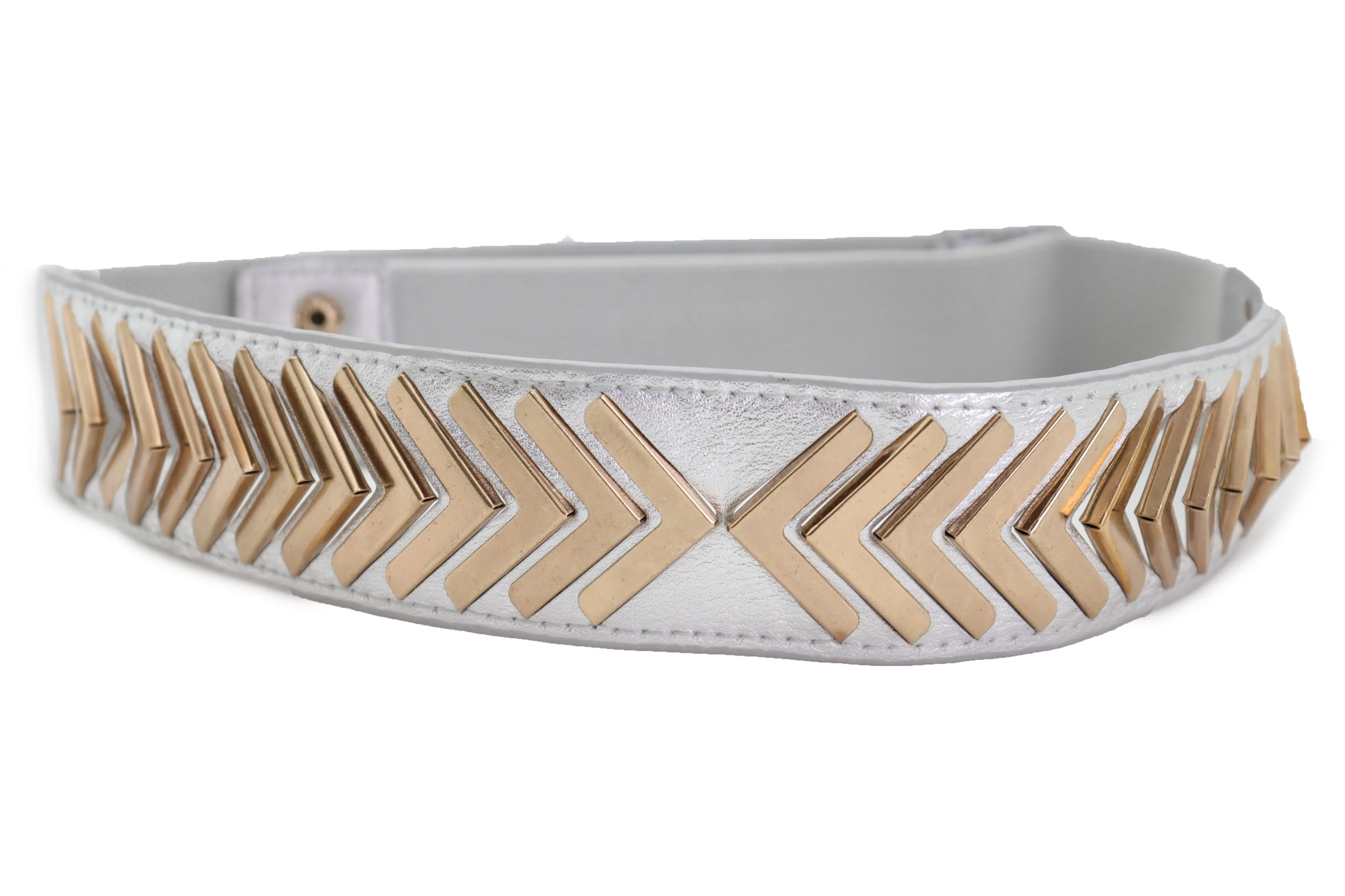 Silver Faux Leather Elastic Band Fashion Tie Belt Gold Metal Arrows S M