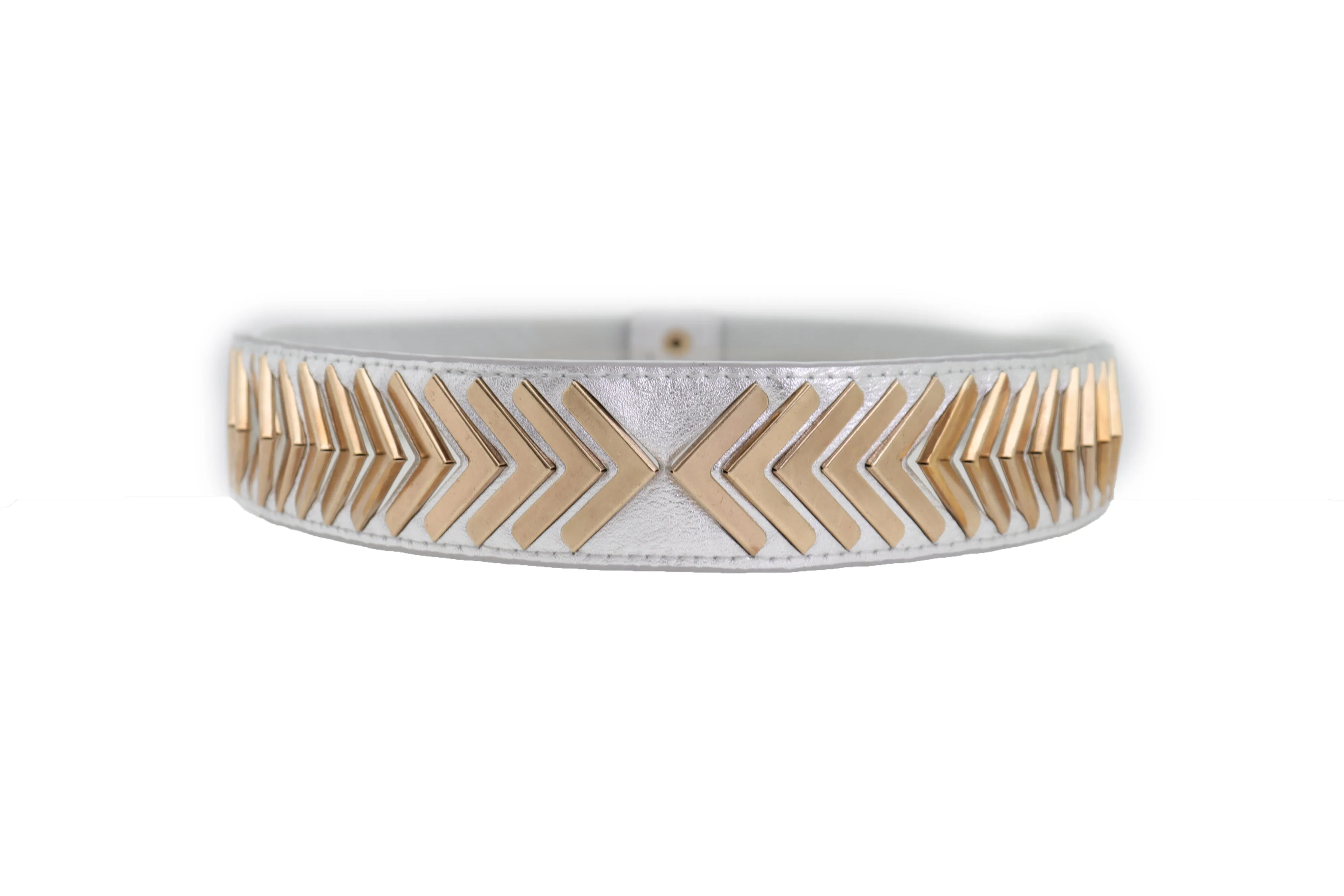 Silver Faux Leather Elastic Band Fashion Tie Belt Gold Metal Arrows S M