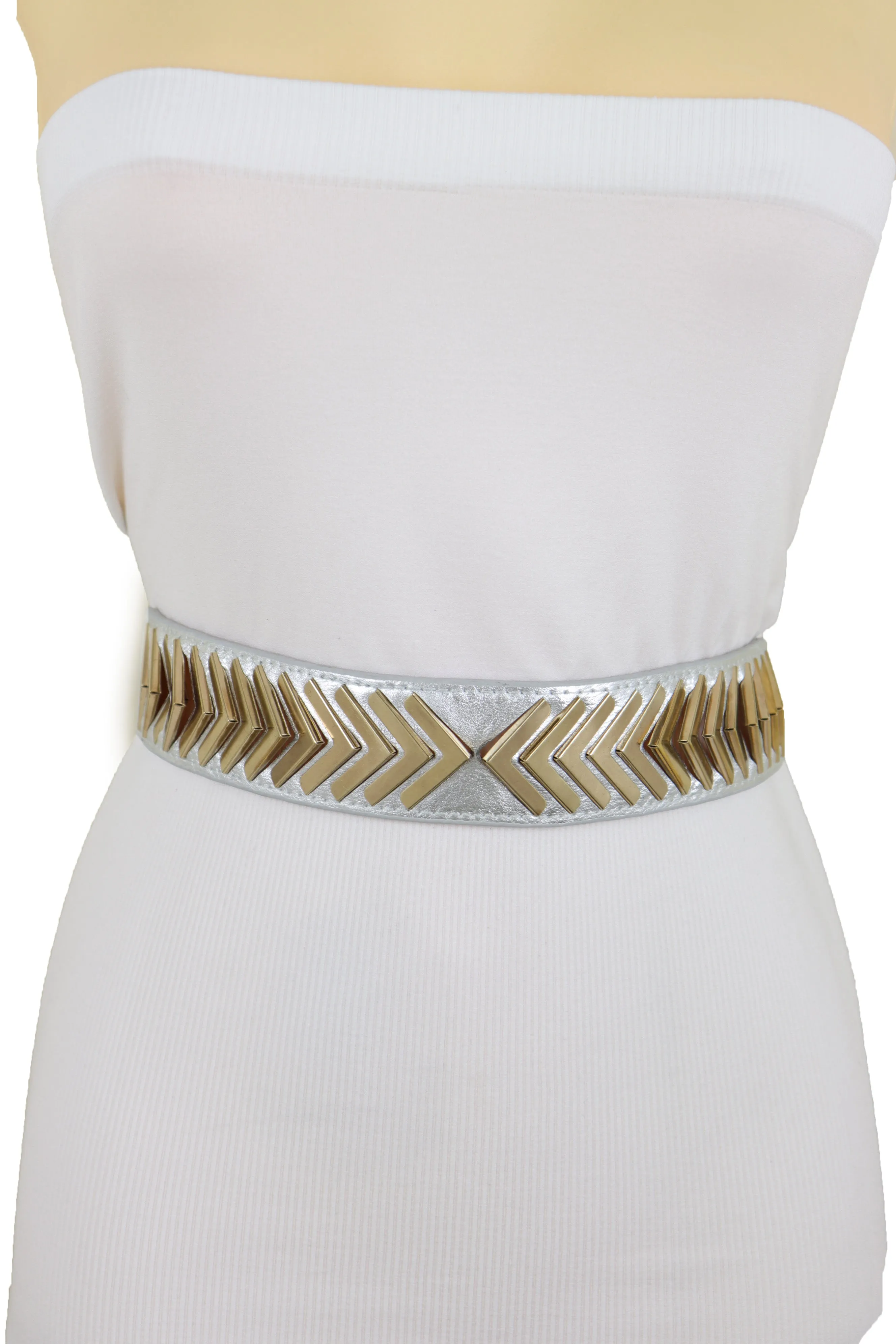 Silver Faux Leather Elastic Band Fashion Tie Belt Gold Metal Arrows S M