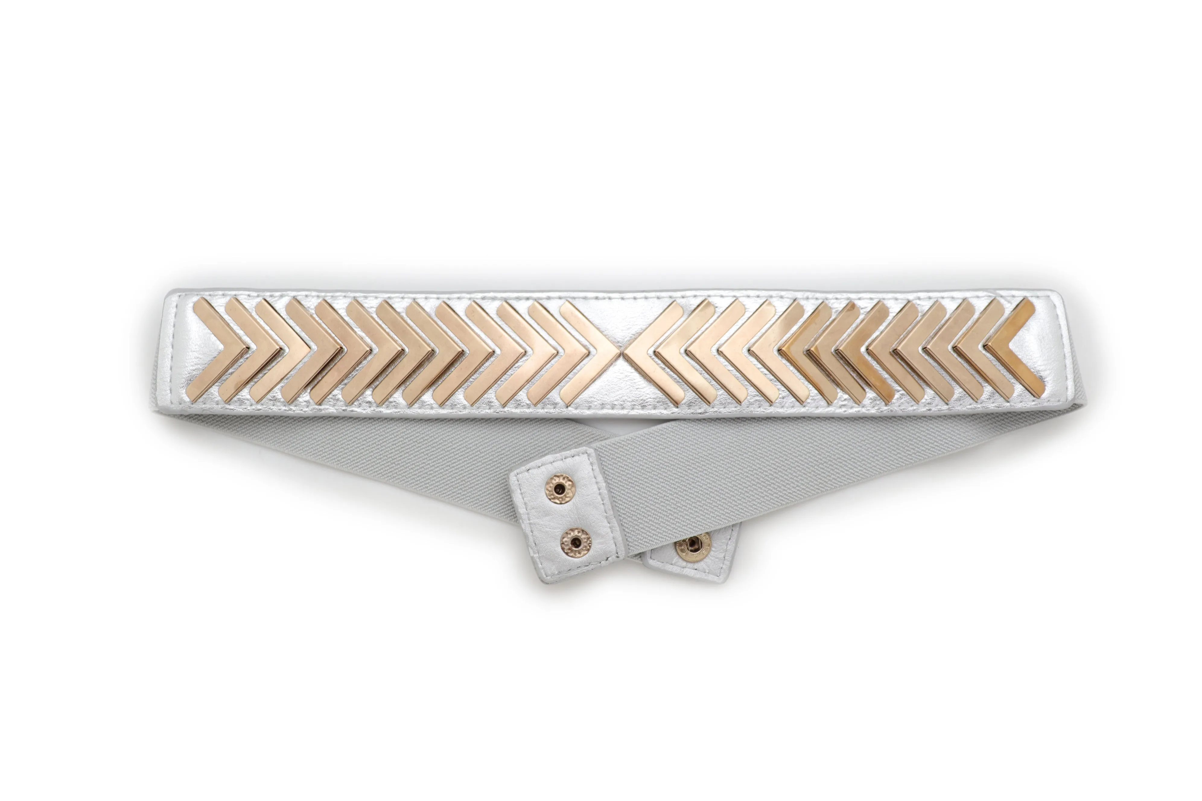Silver Faux Leather Elastic Band Fashion Tie Belt Gold Metal Arrows S M