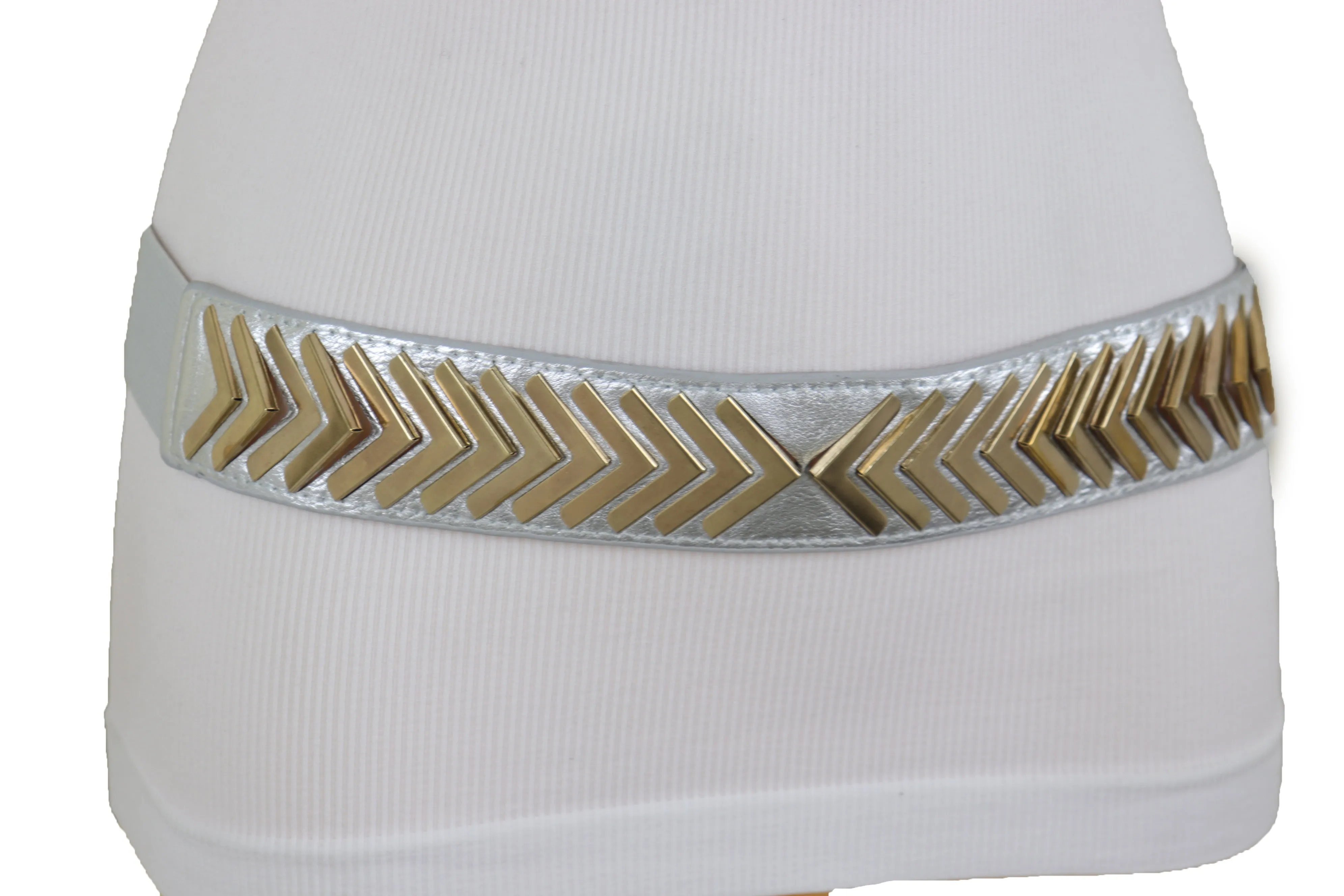 Silver Faux Leather Elastic Band Fashion Tie Belt Gold Metal Arrows S M