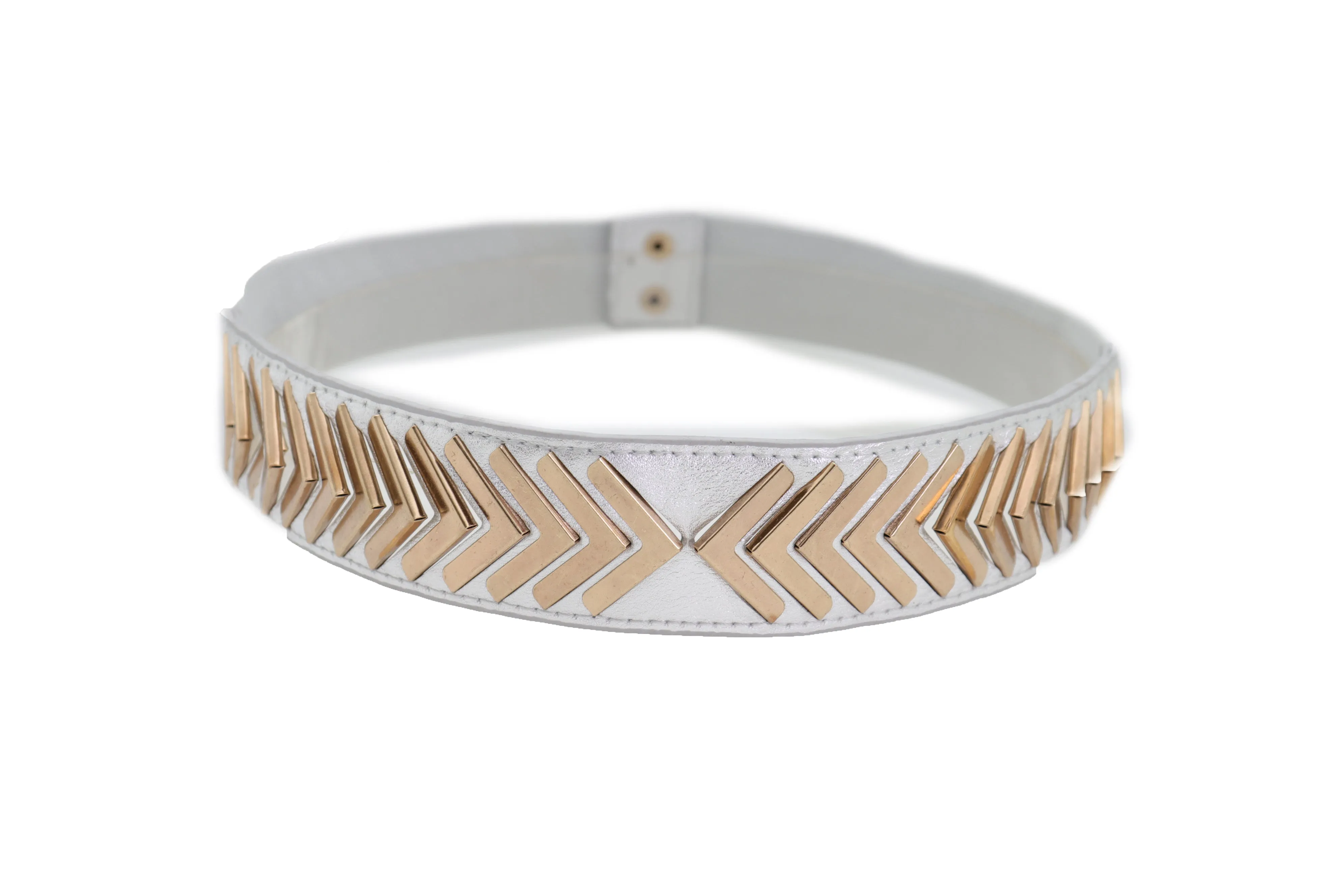 Silver Faux Leather Elastic Band Fashion Tie Belt Gold Metal Arrows S M