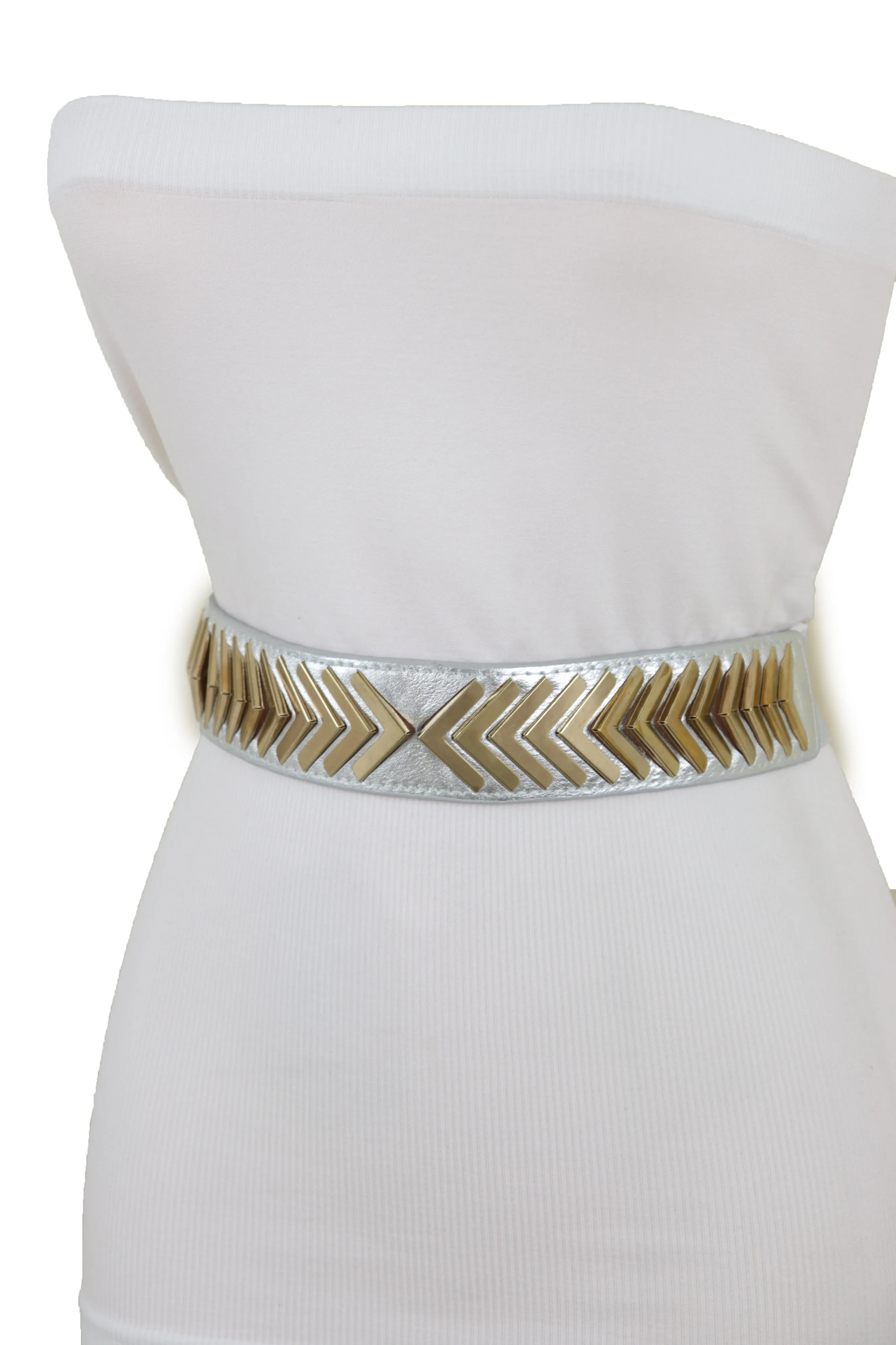Silver Faux Leather Elastic Band Fashion Tie Belt Gold Metal Arrows S M