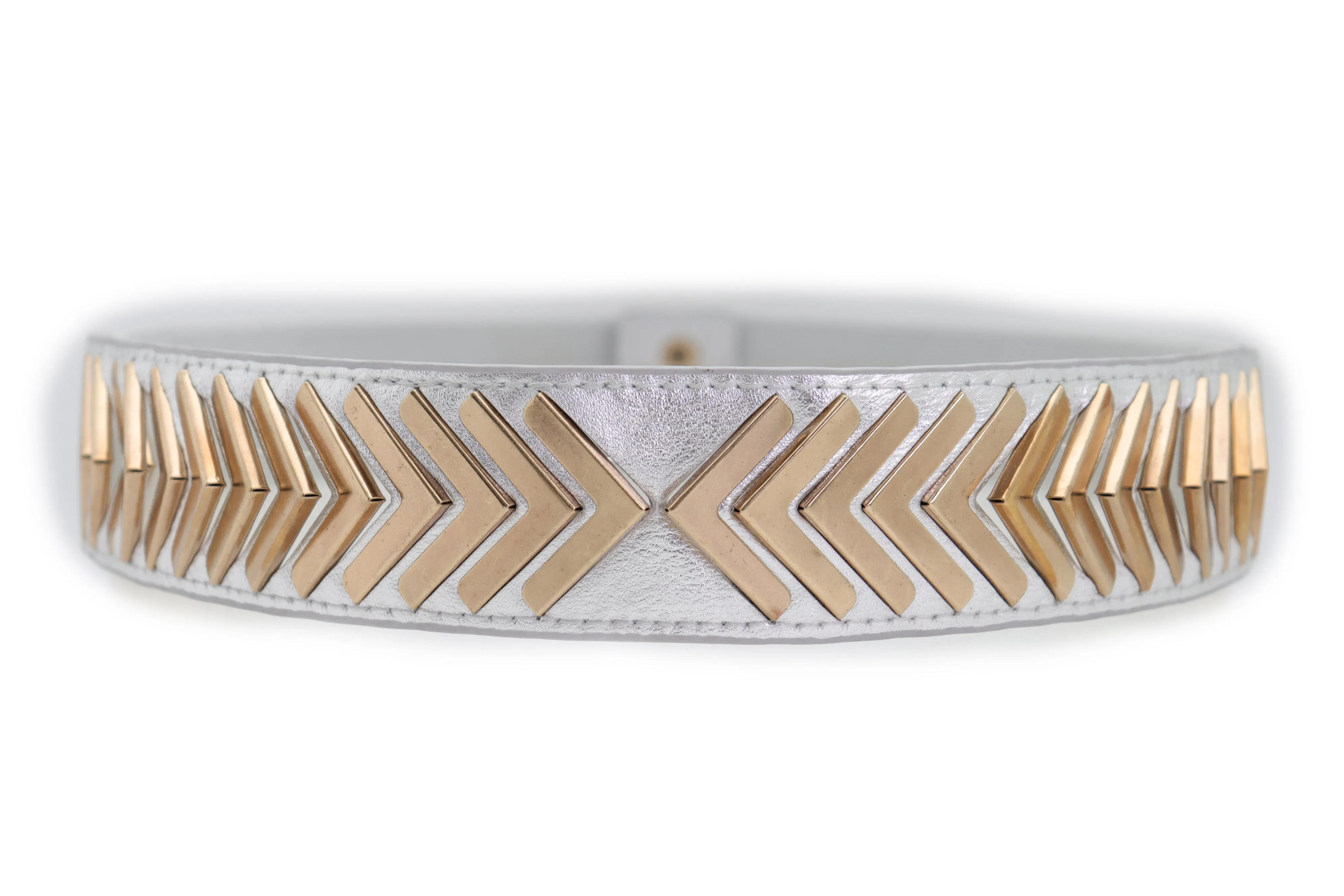 Silver Faux Leather Elastic Band Fashion Tie Belt Gold Metal Arrows S M