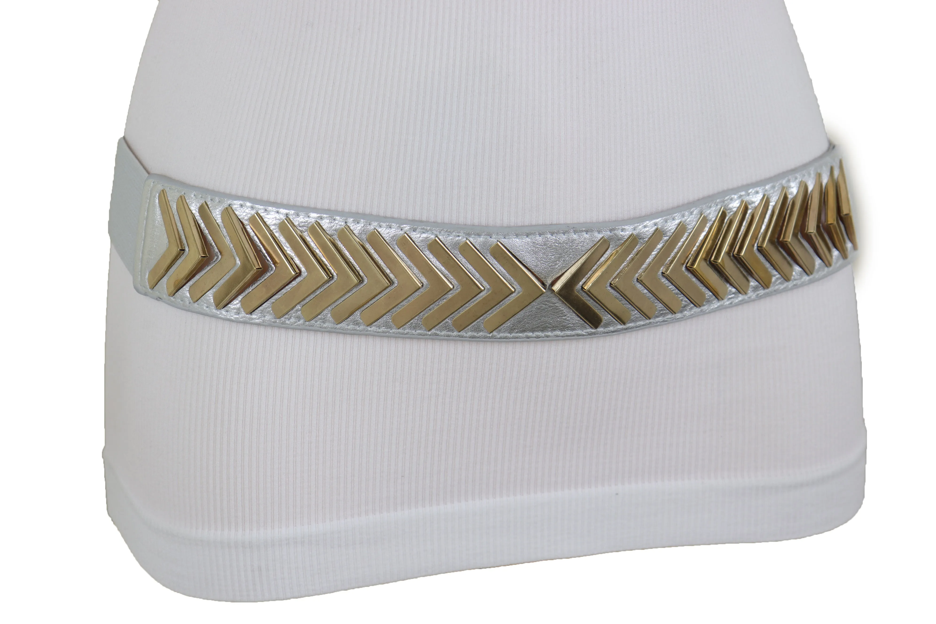 Silver Faux Leather Elastic Band Fashion Tie Belt Gold Metal Arrows S M