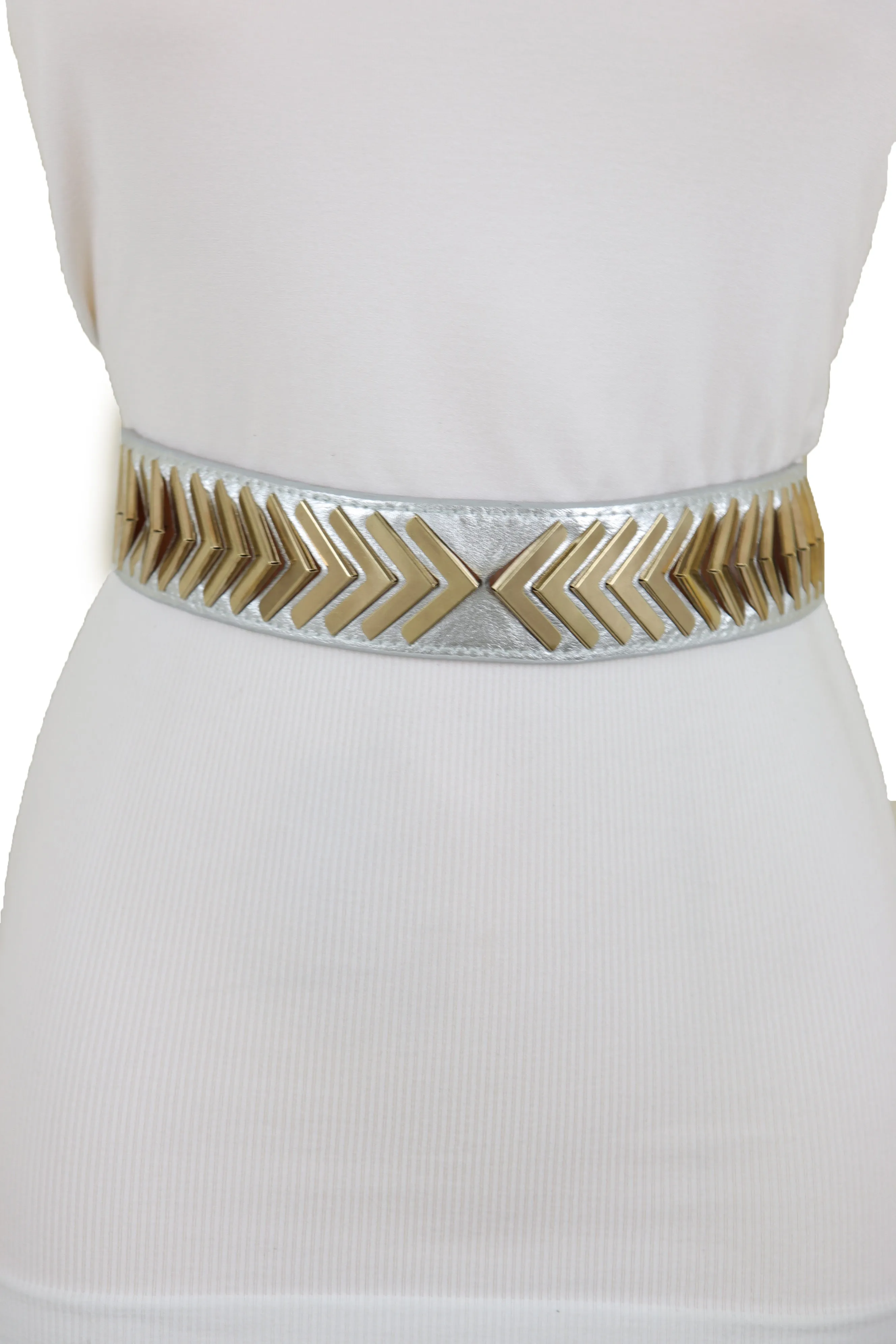 Silver Faux Leather Elastic Band Fashion Tie Belt Gold Metal Arrows S M