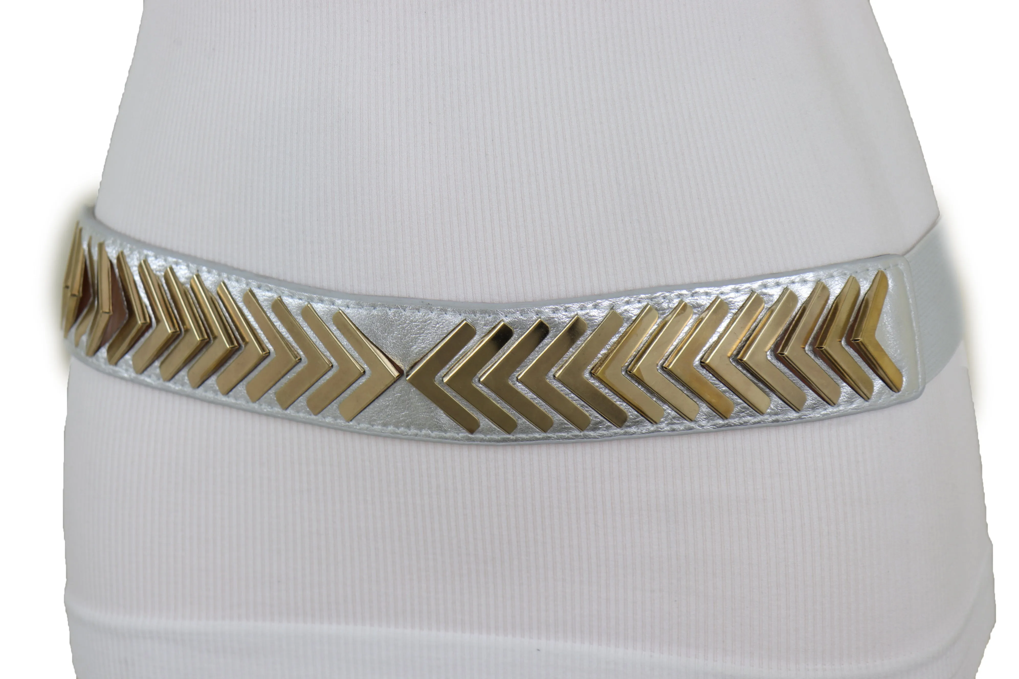 Silver Faux Leather Elastic Band Fashion Tie Belt Gold Metal Arrows S M