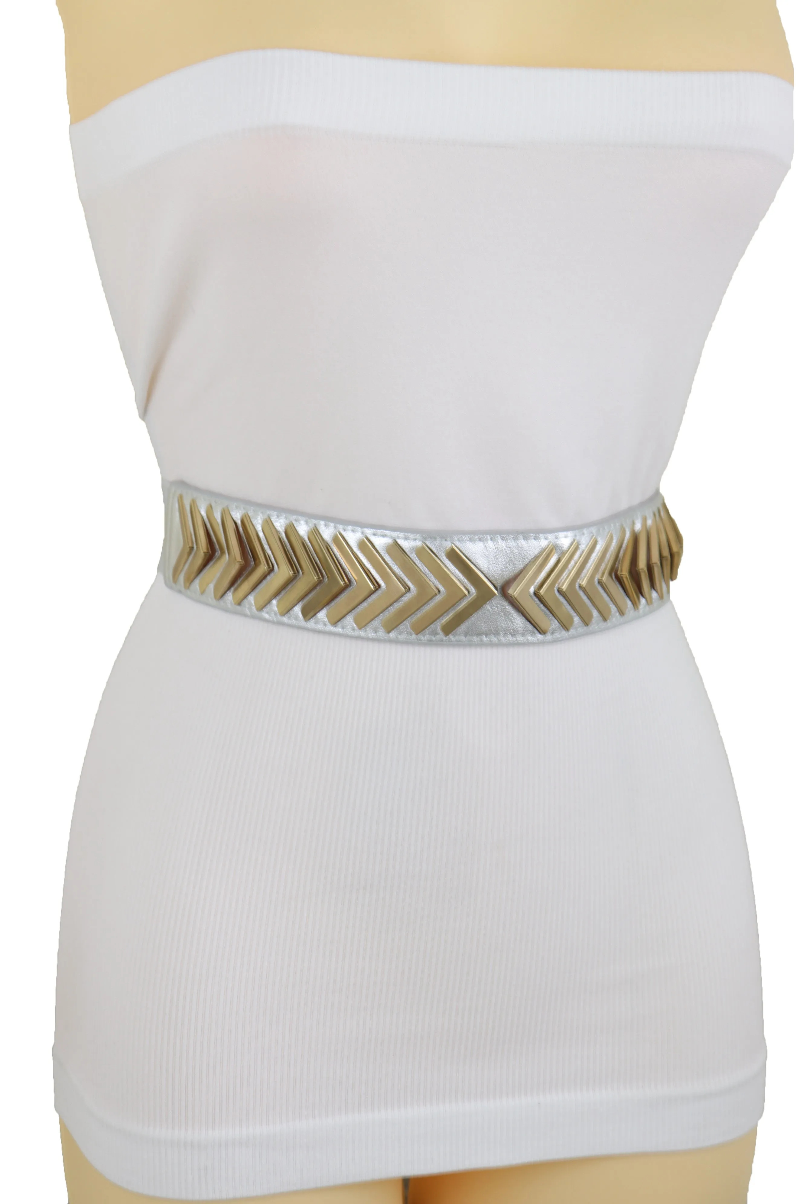 Silver Faux Leather Elastic Band Fashion Tie Belt Gold Metal Arrows S M