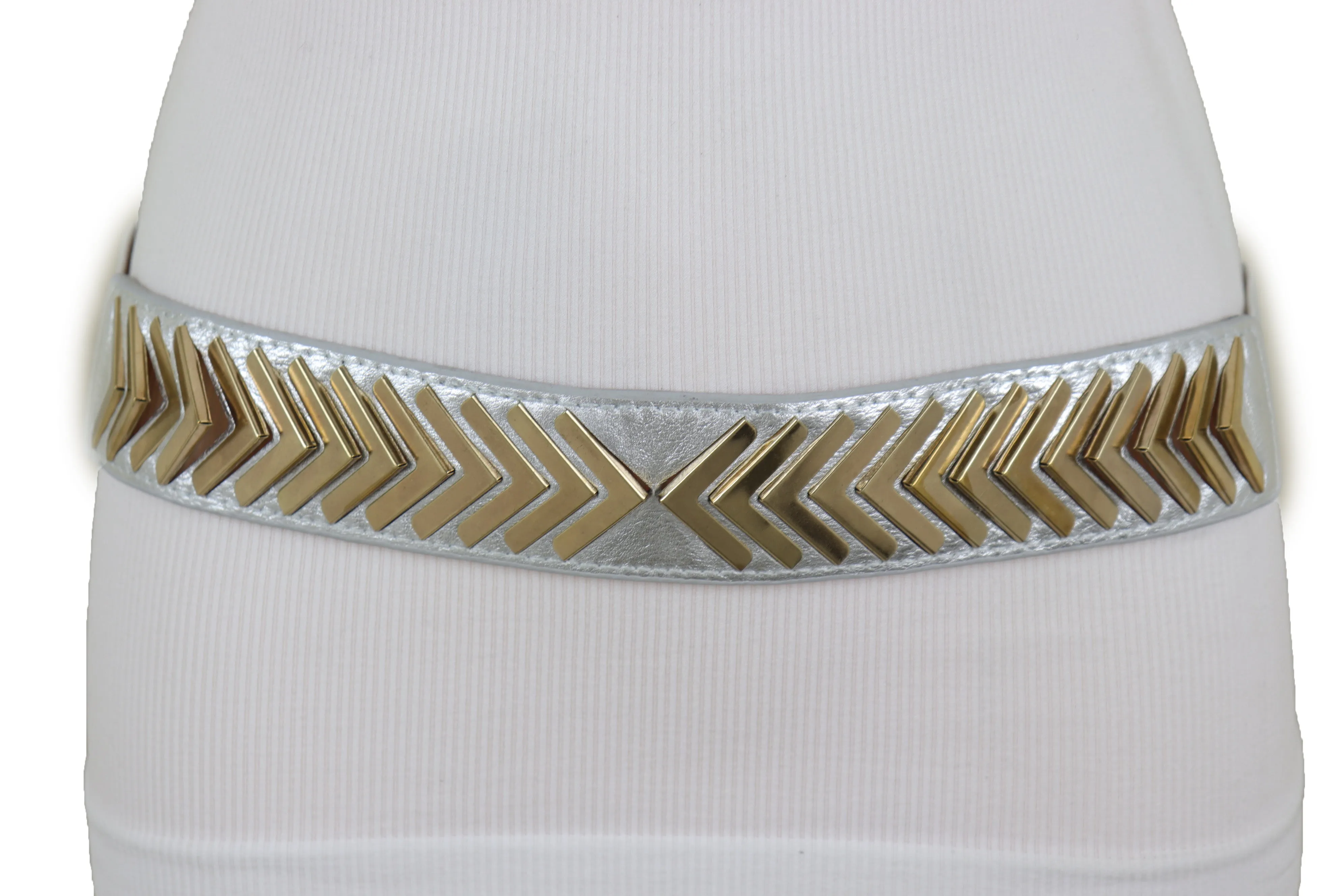 Silver Faux Leather Elastic Band Fashion Tie Belt Gold Metal Arrows S M