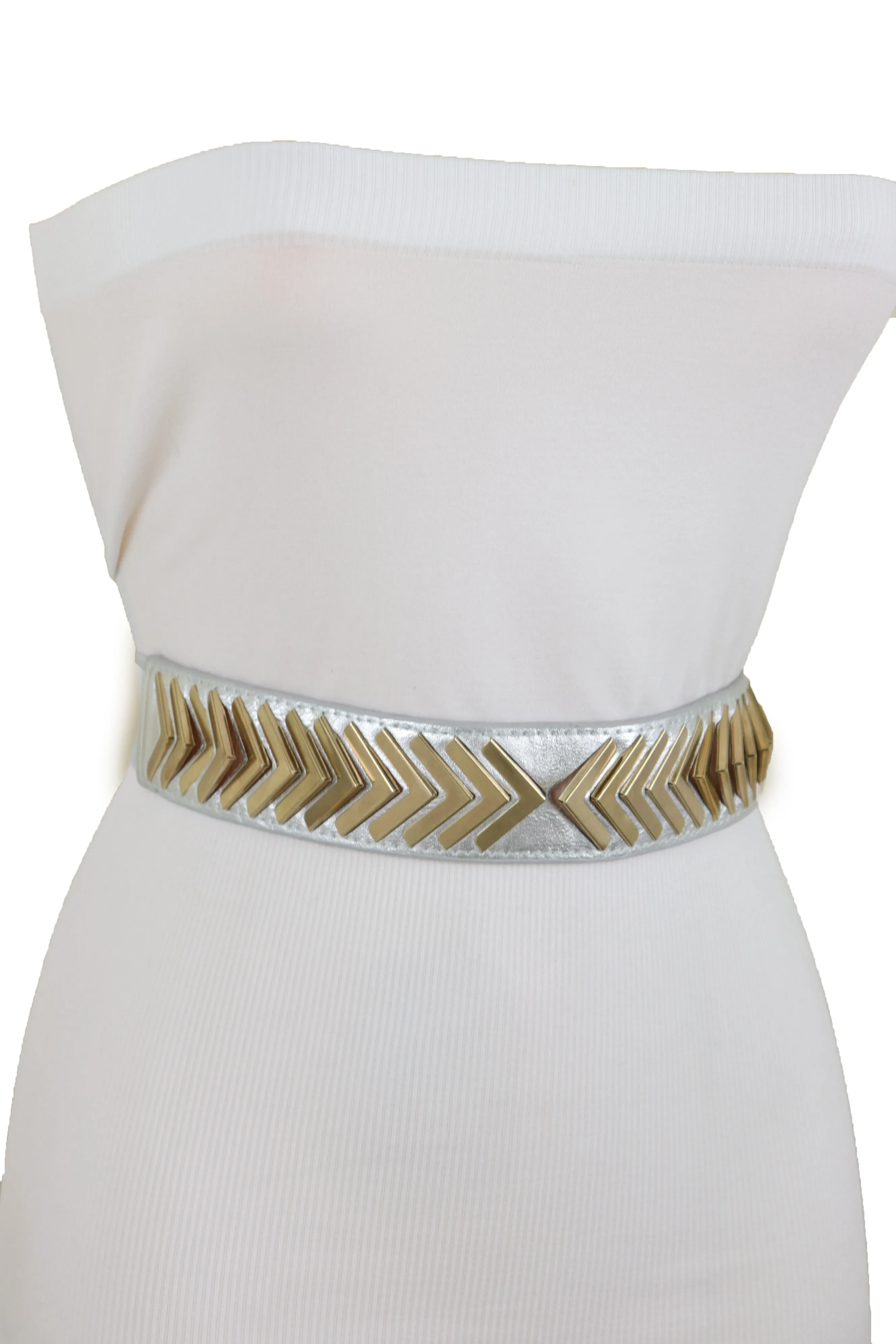 Silver Faux Leather Elastic Band Fashion Tie Belt Gold Metal Arrows S M