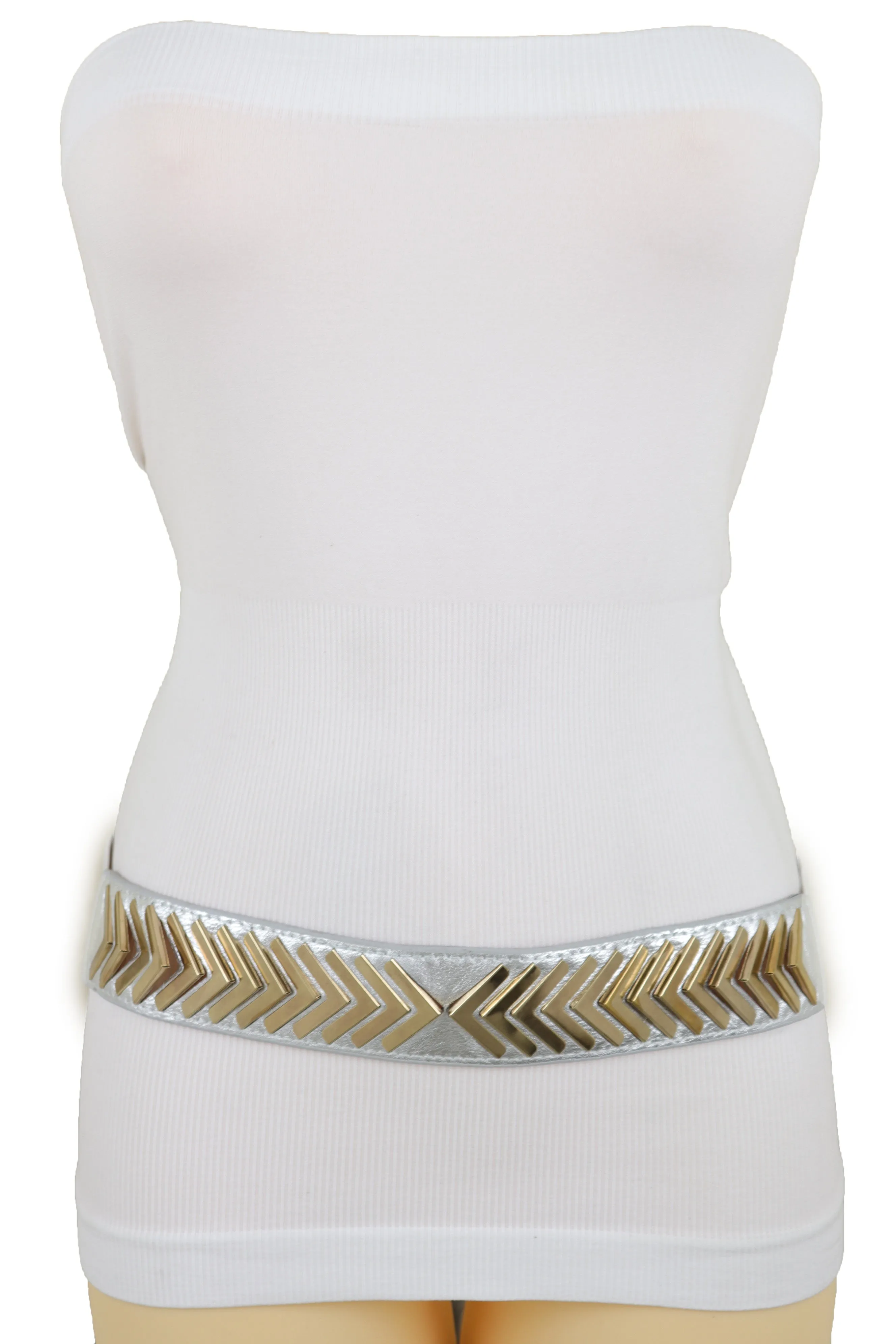 Silver Faux Leather Elastic Band Fashion Tie Belt Gold Metal Arrows S M