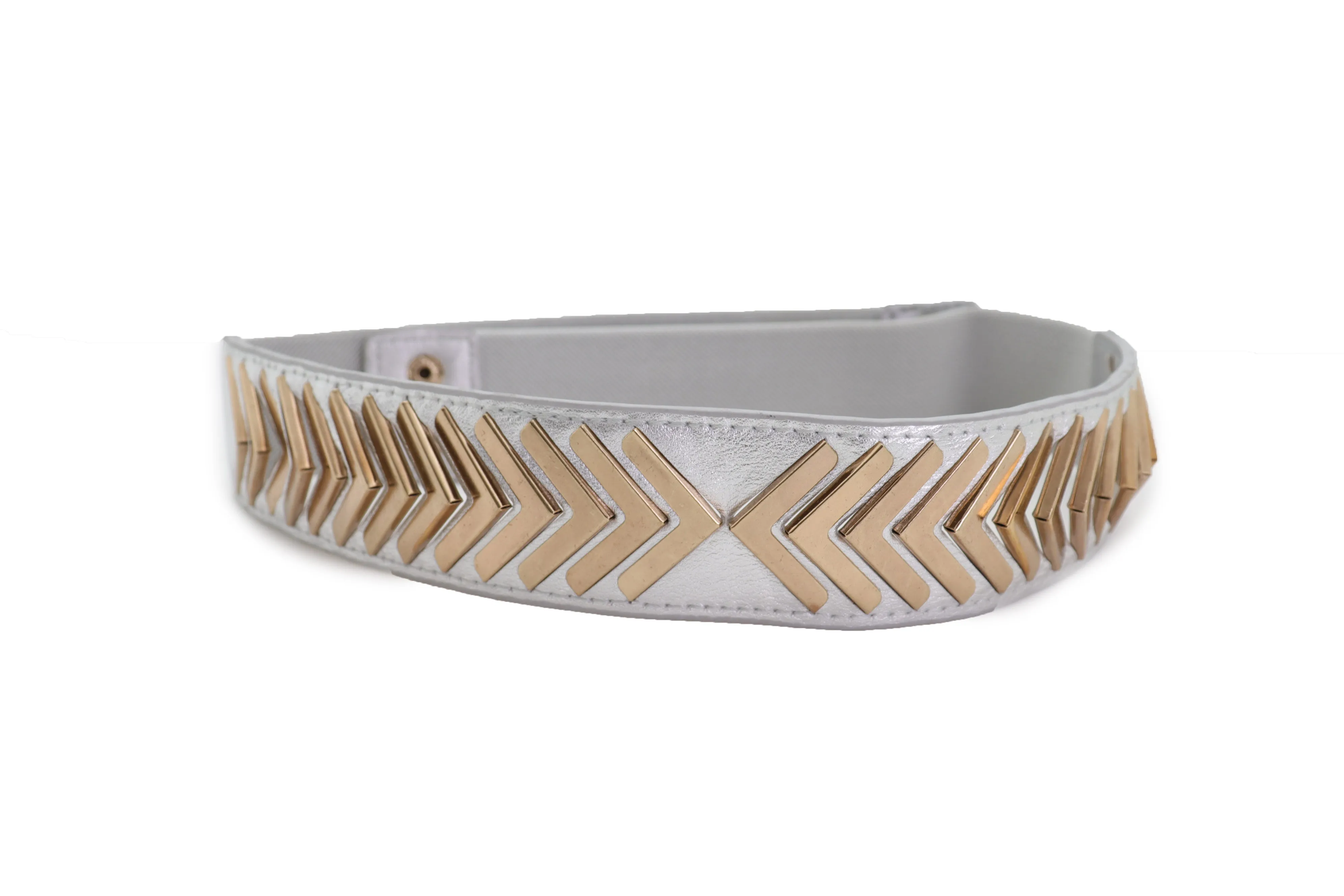 Silver Faux Leather Elastic Band Fashion Tie Belt Gold Metal Arrows S M
