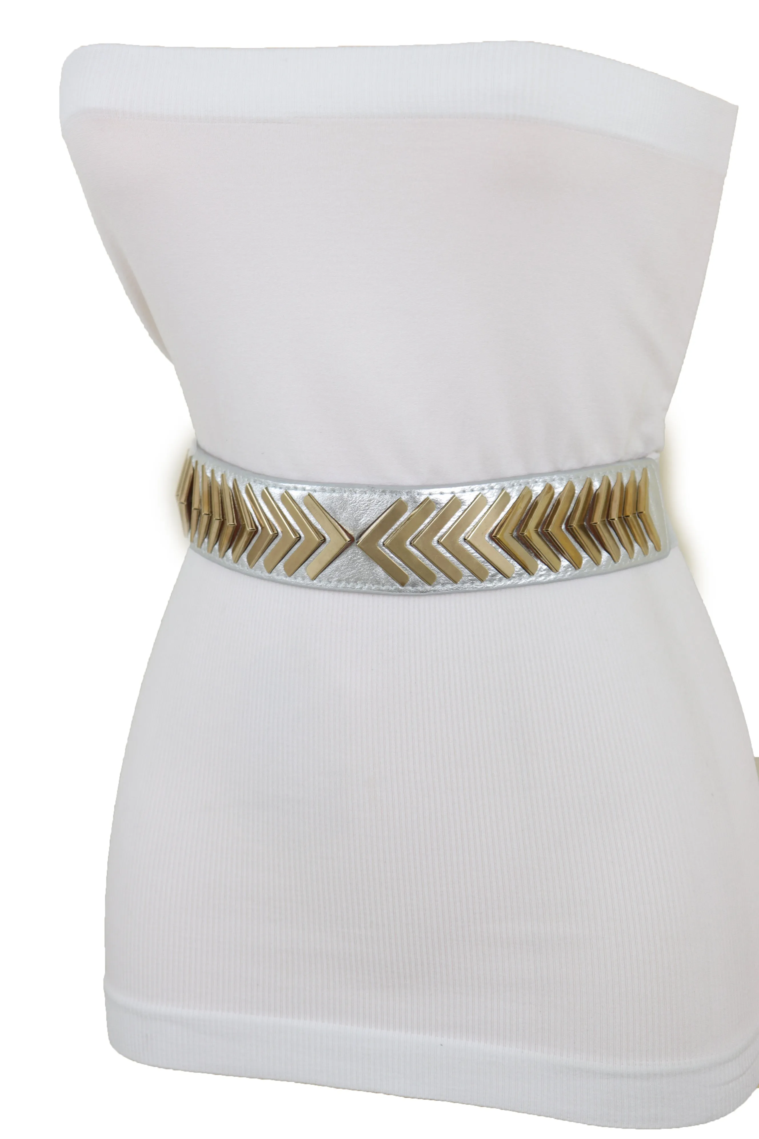 Silver Faux Leather Elastic Band Fashion Tie Belt Gold Metal Arrows S M