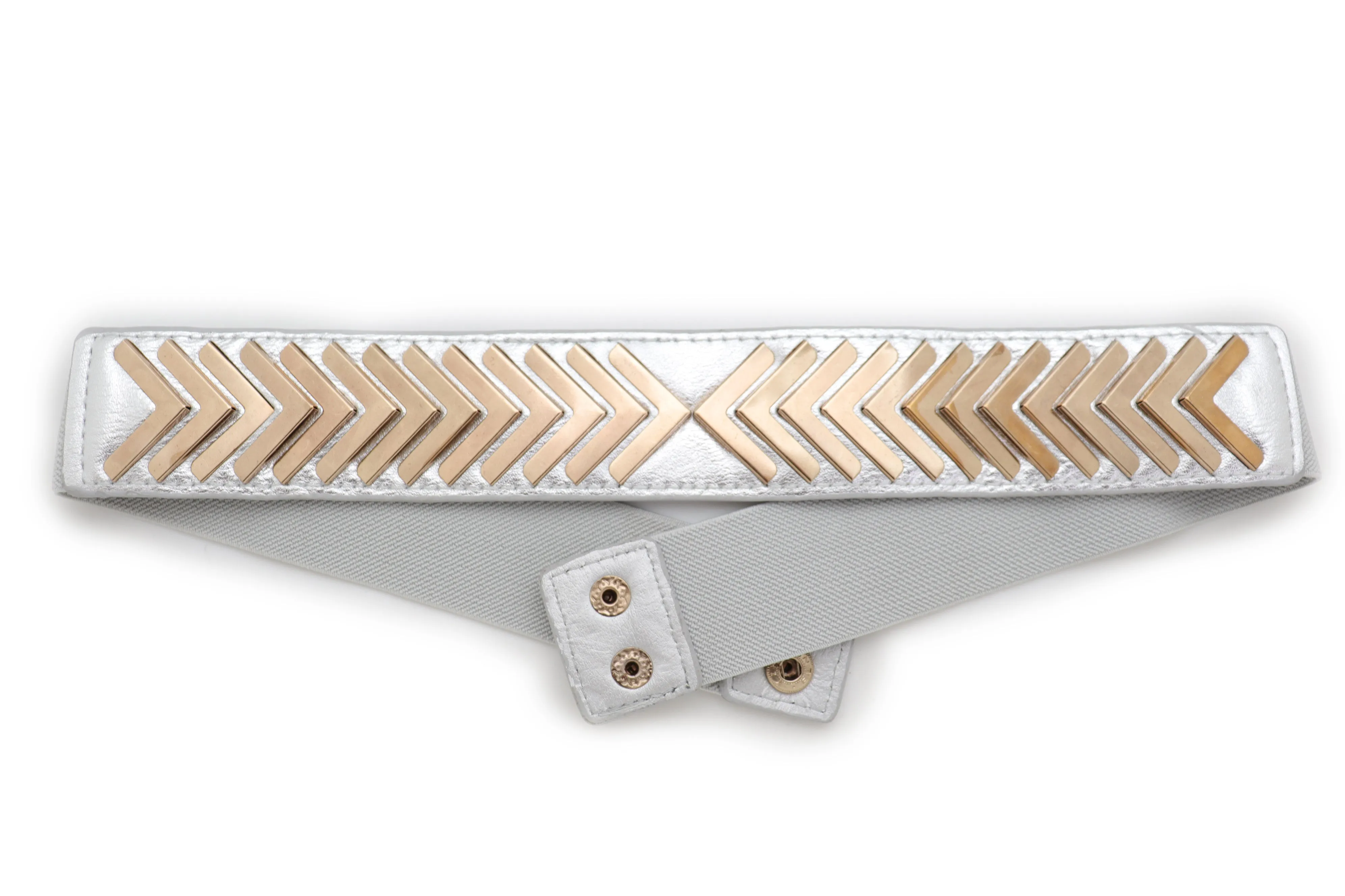 Silver Faux Leather Elastic Band Fashion Tie Belt Gold Metal Arrows S M