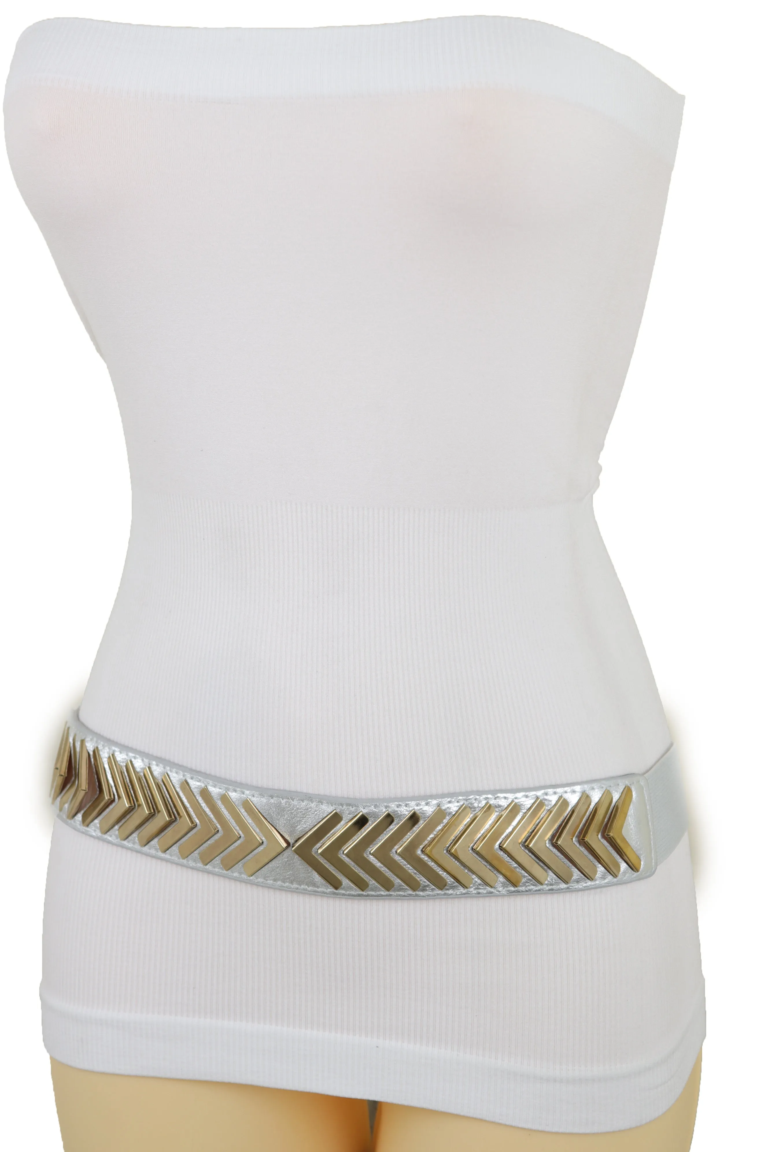 Silver Faux Leather Elastic Band Fashion Tie Belt Gold Metal Arrows S M