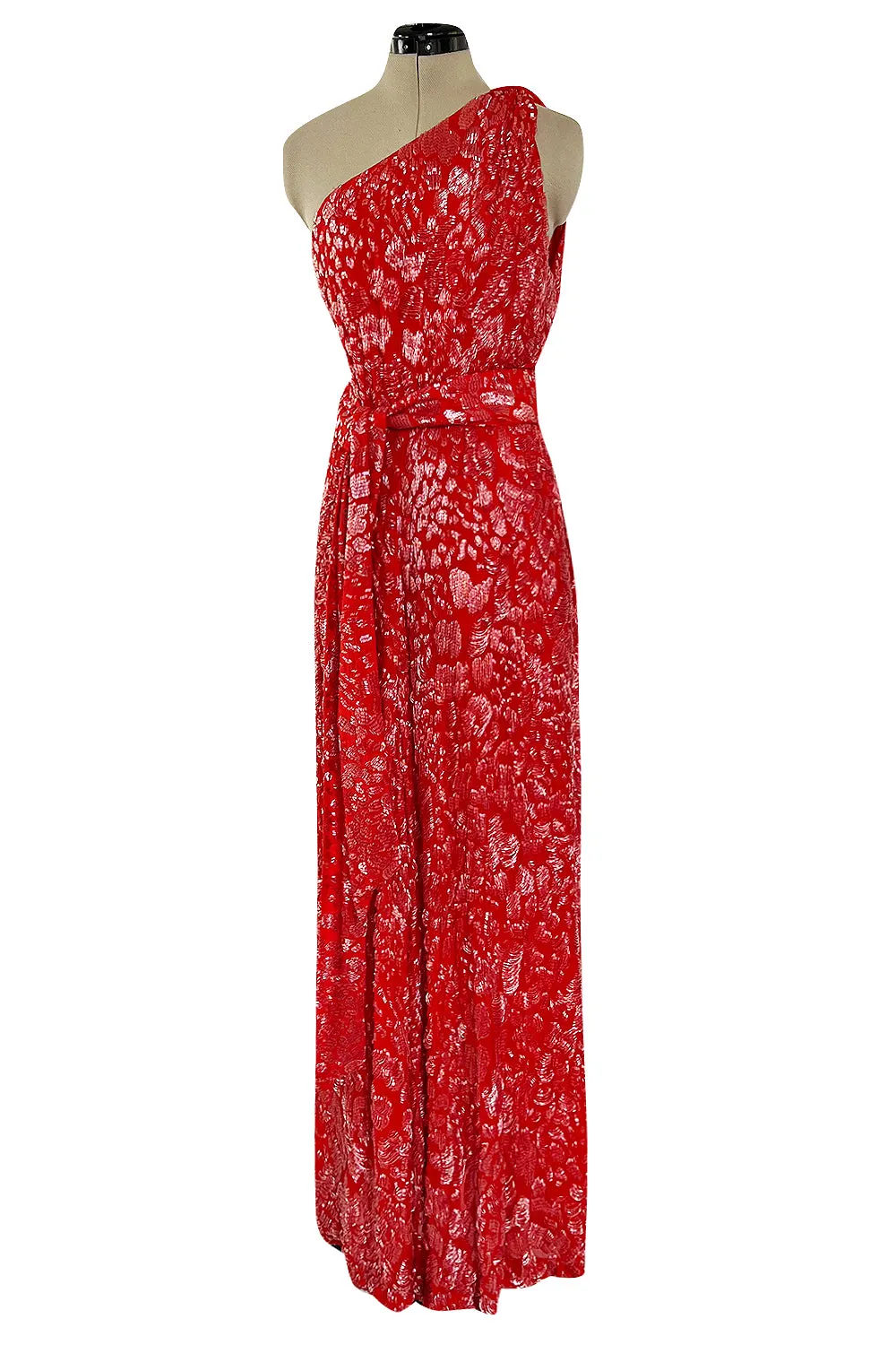 Spectacular 1980s Salvatore Ferragamo Red Glass Beaded One Shoulder Dress