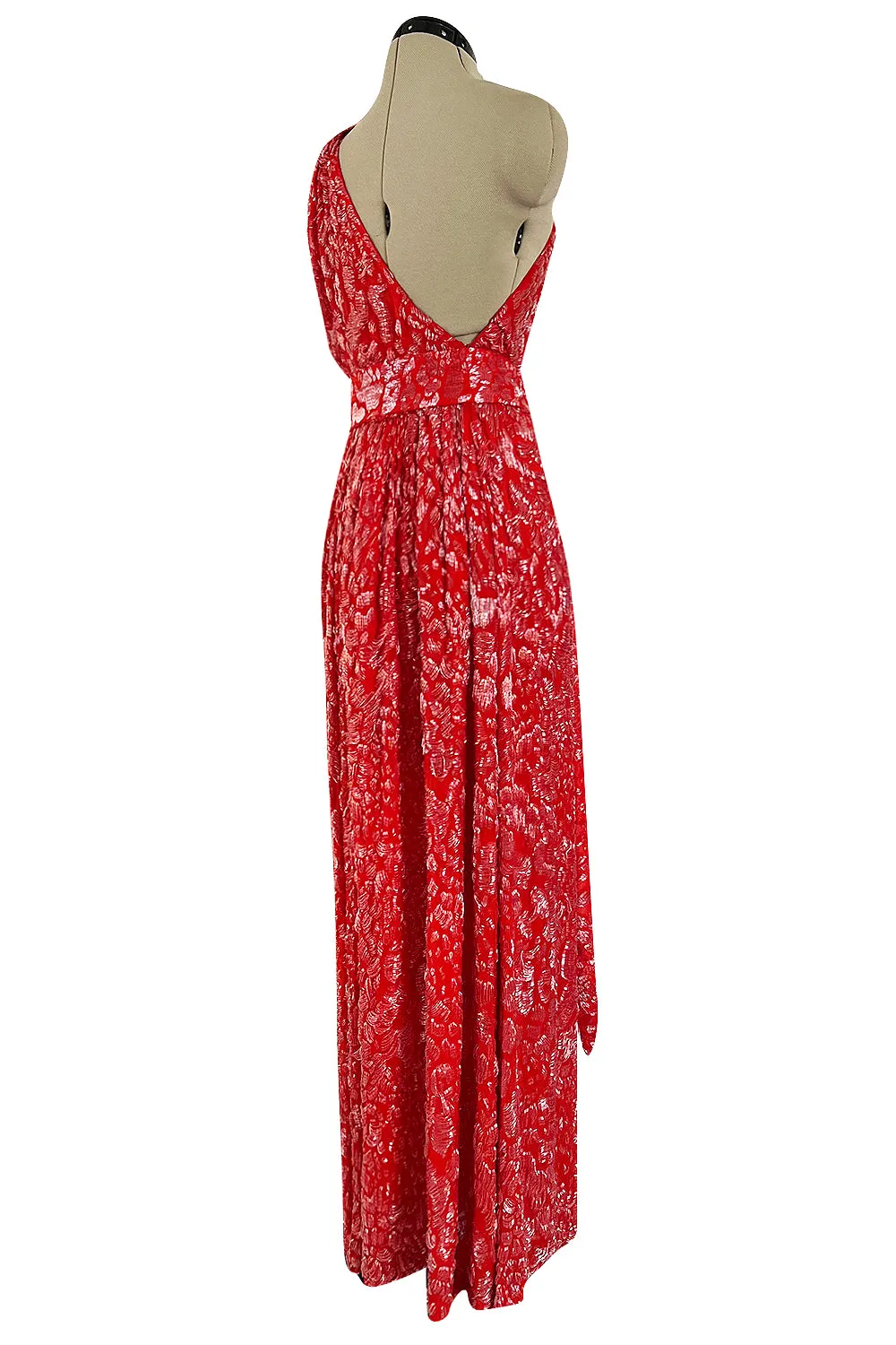 Spectacular 1980s Salvatore Ferragamo Red Glass Beaded One Shoulder Dress