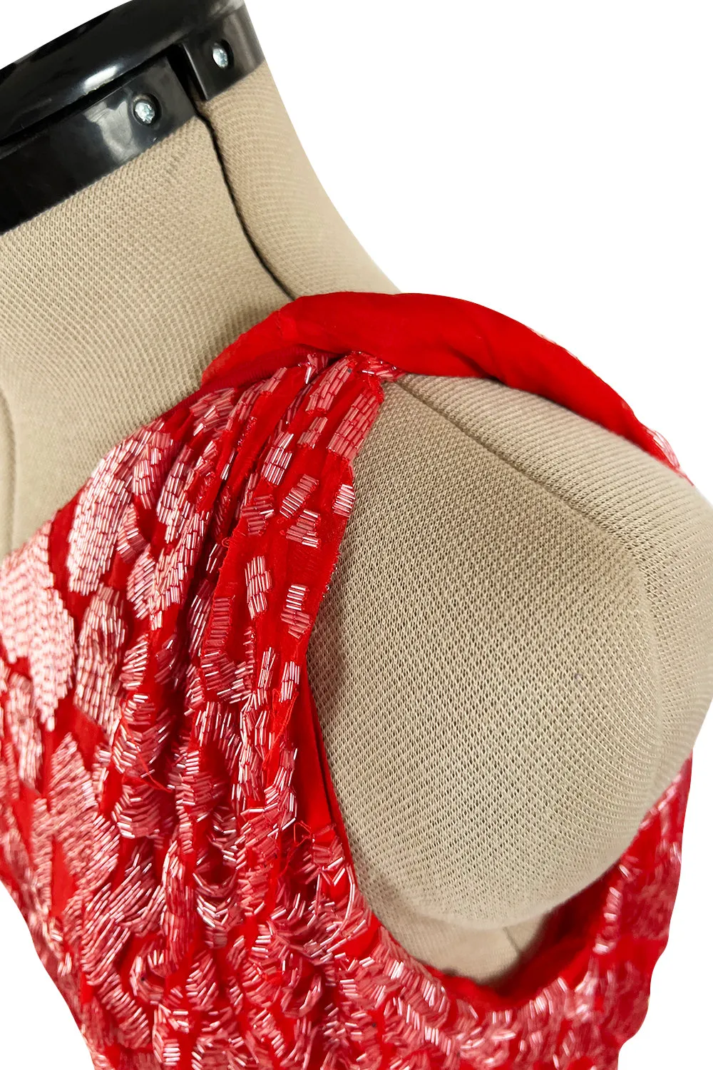 Spectacular 1980s Salvatore Ferragamo Red Glass Beaded One Shoulder Dress