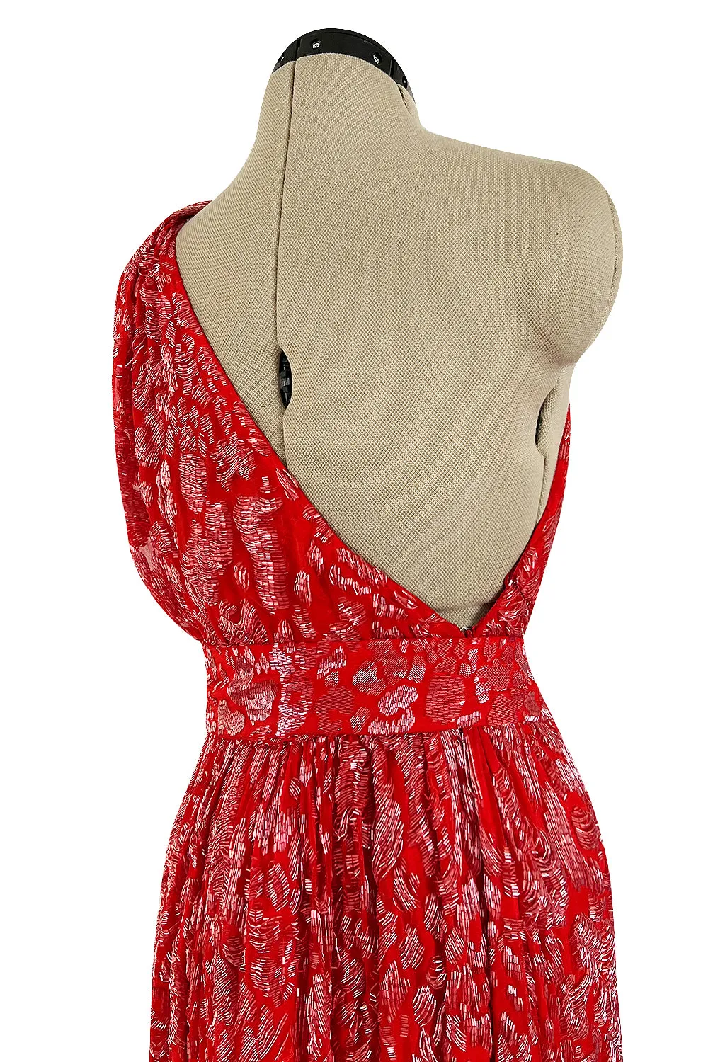 Spectacular 1980s Salvatore Ferragamo Red Glass Beaded One Shoulder Dress