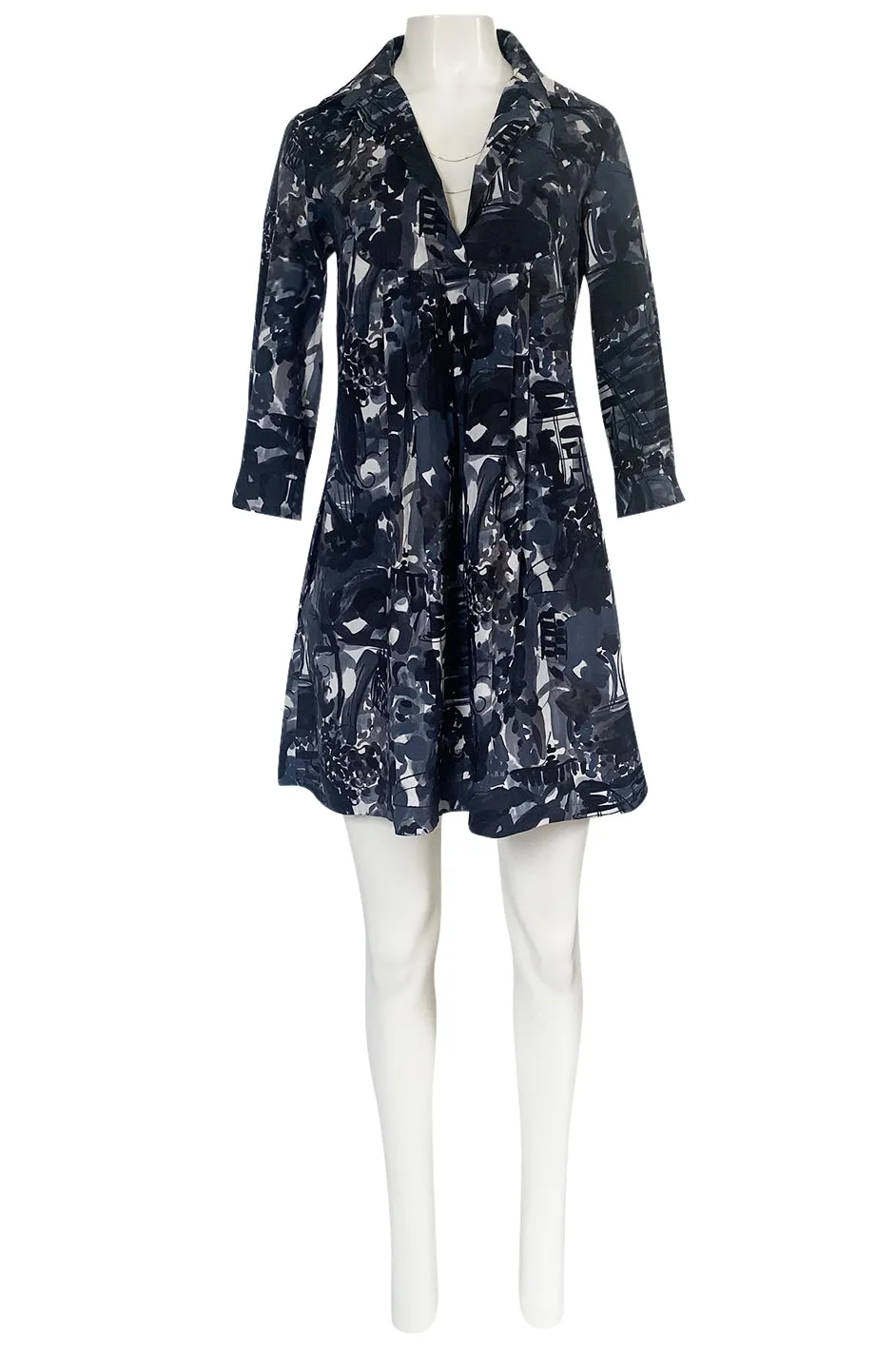 Spring 2006 Marni Blue & Grey Cotton Print Baby Doll Mini Dress