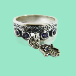 Sterling Silver Ring Hamsa Charms & Amethyst CZ Stones