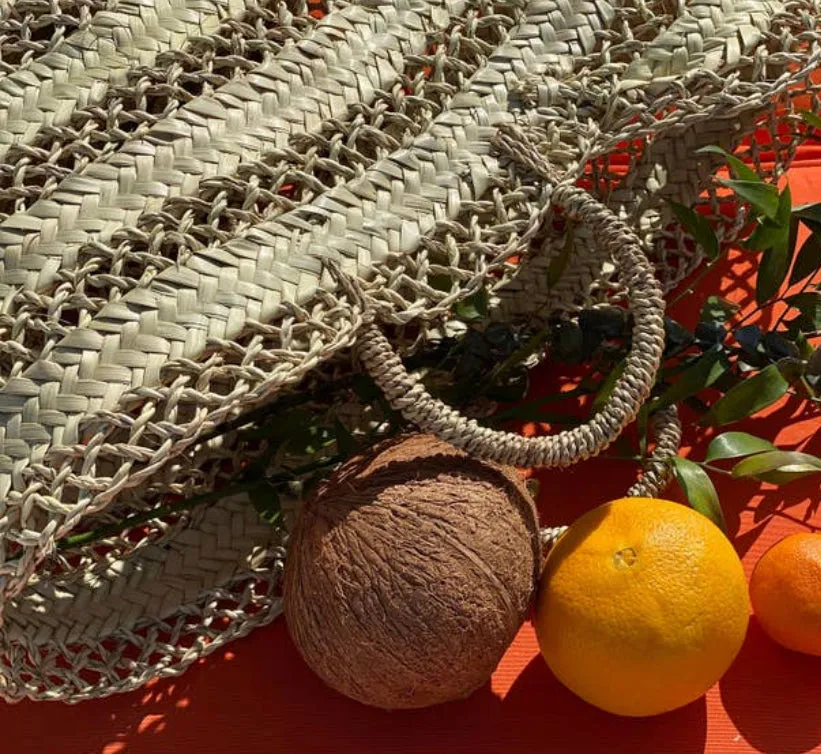 Straw Beach Basket Multi Band Lace