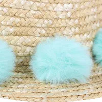 Straw Boater Pom Pom Hat in Beige and Turquoise