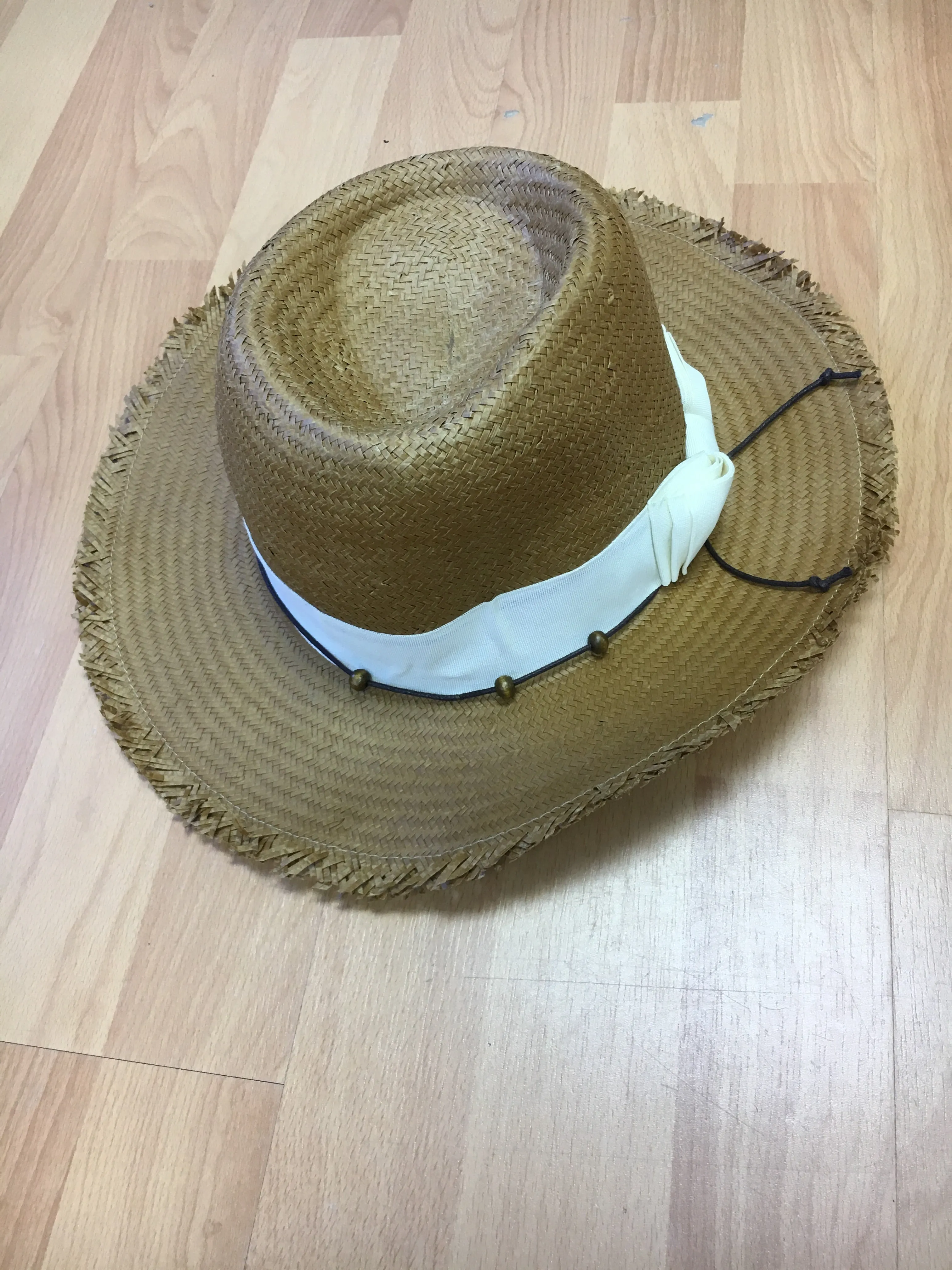 Straw with white ribbon & beads