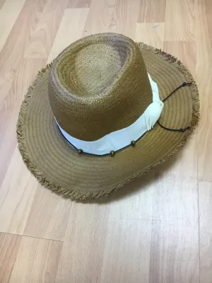 Straw with white ribbon & beads