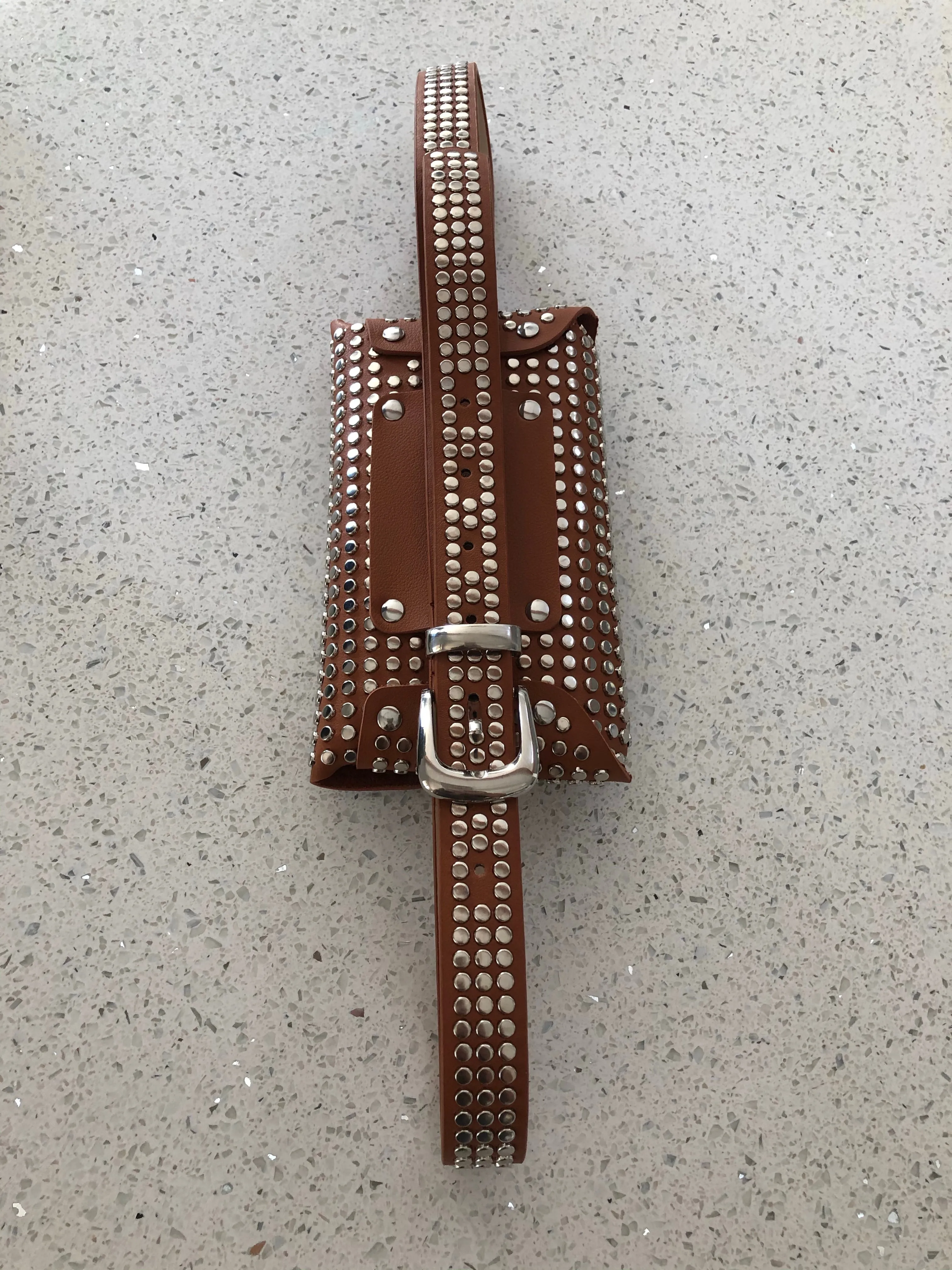 STUDDED COGNAC BELT BAG