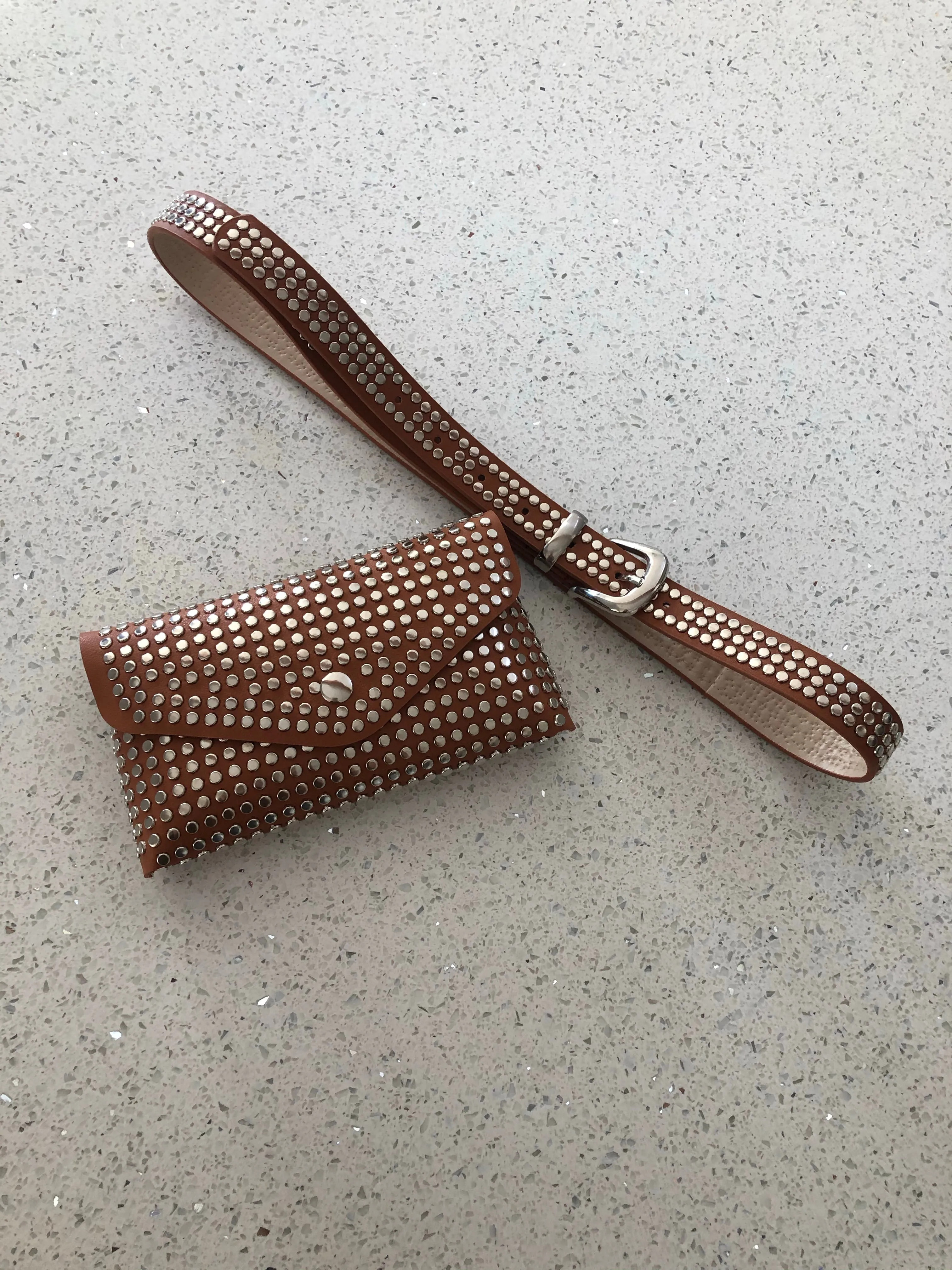 STUDDED COGNAC BELT BAG