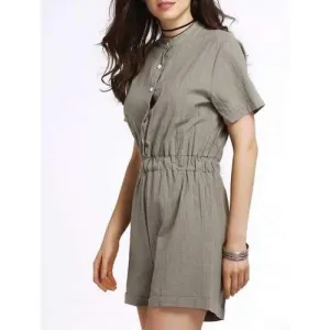 Stylish Stand Neck Short Sleeve Single-Breasted Solid Color Women's Romper - Army Green M