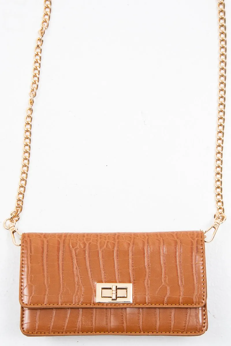 Tan Faux Croc Clasp Front Belt Body Bag - Dondi