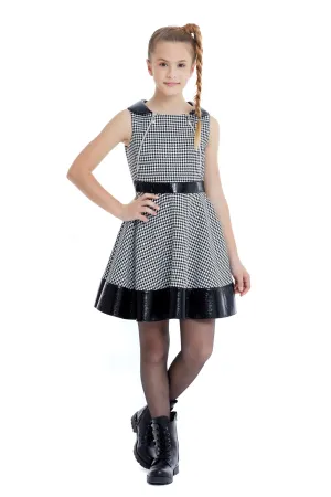 Teen Girl Houndstooth Dress with Leatherette belt