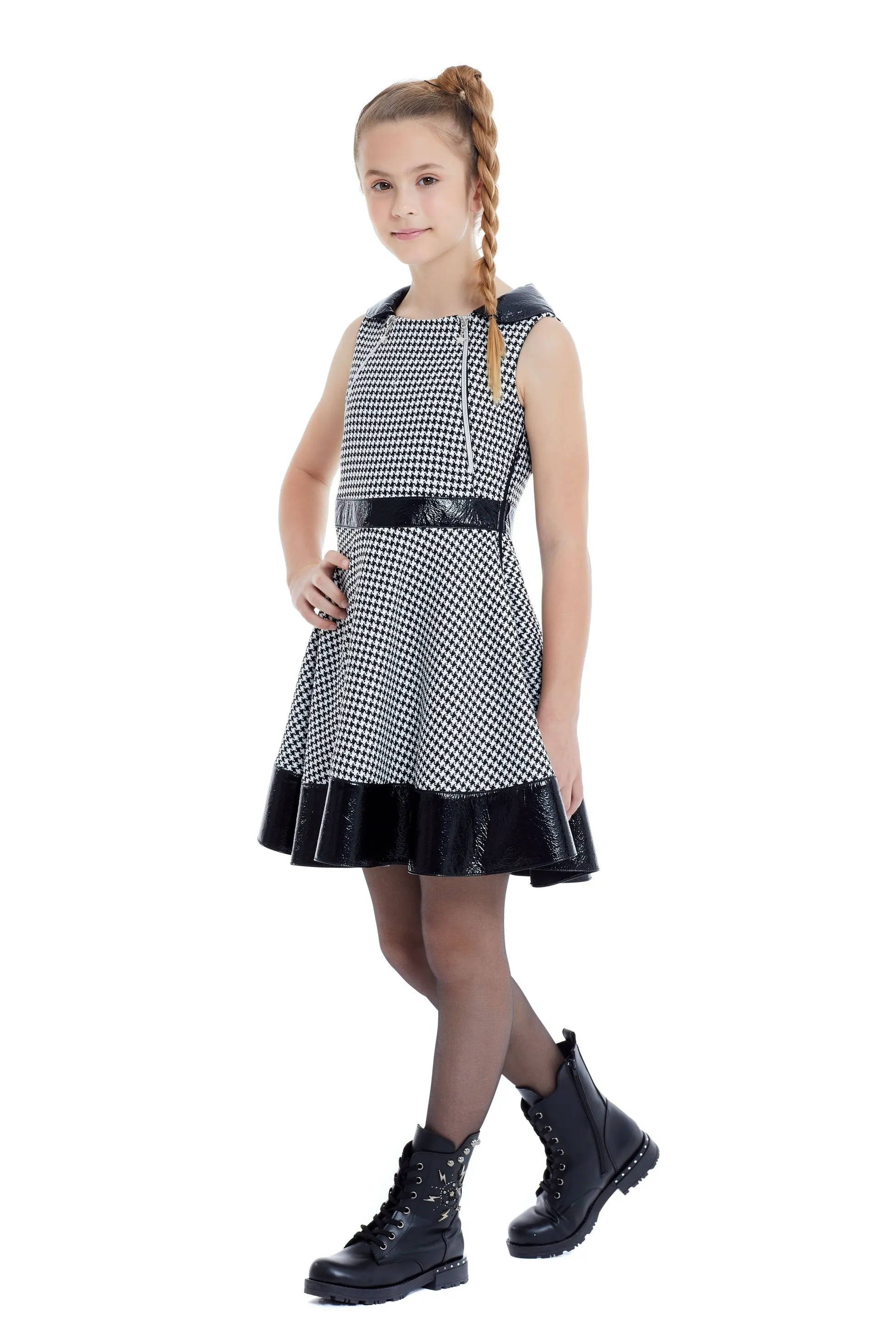 Teen Girl Houndstooth Dress with Leatherette belt