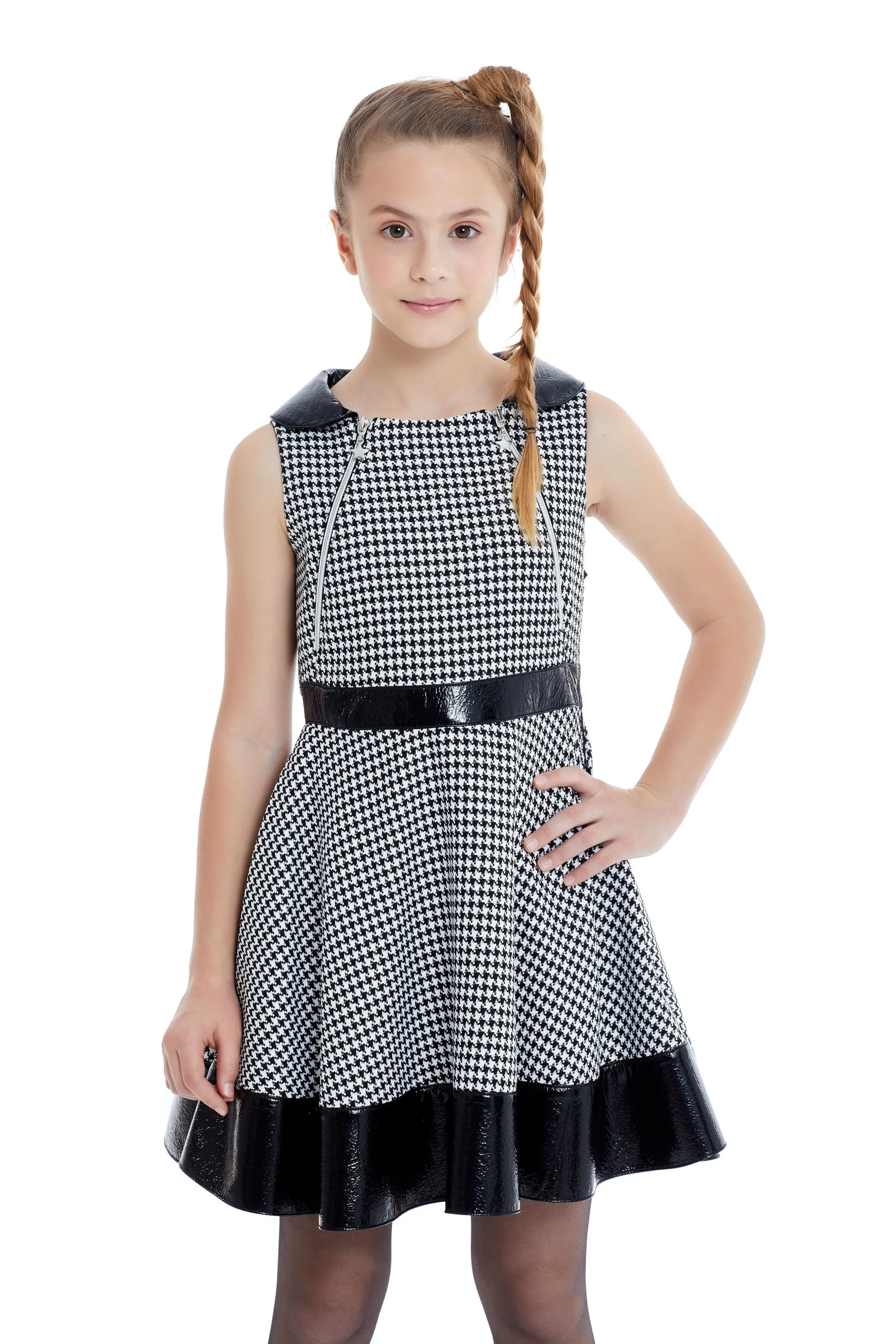 Teen Girl Houndstooth Dress with Leatherette belt