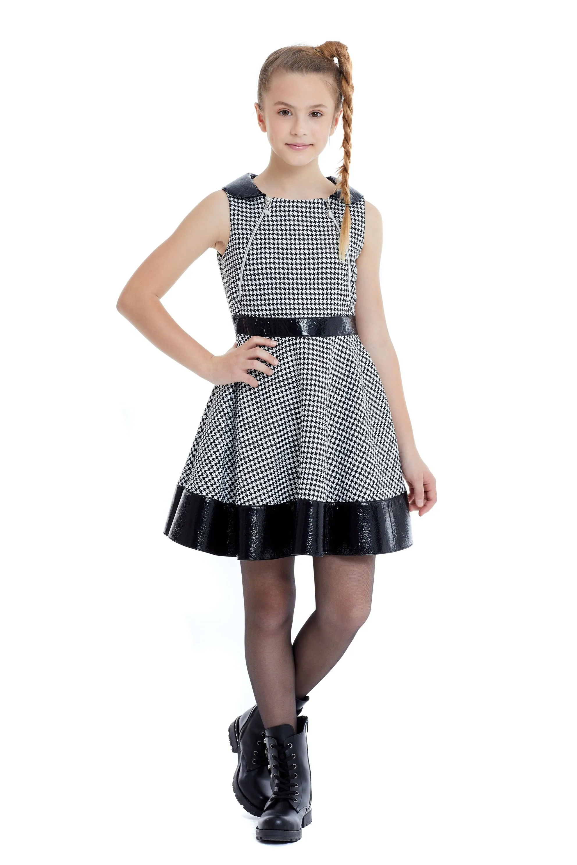 Teen Girl Houndstooth Dress with Leatherette belt