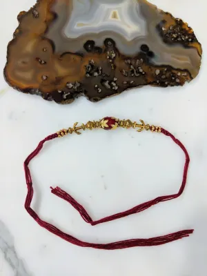Tibetan Designer Gold Plated Red Gemstone Multicolor Thread Rakhi For Men