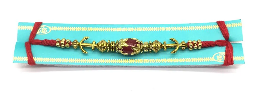 Tibetan Designer Gold Plated Red Gemstone Multicolor Thread Rakhi For Men