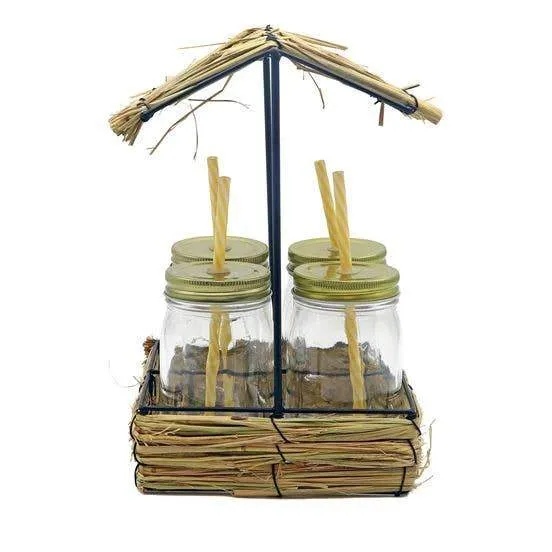 Tiki Hut Drinking Glass Set (4 Drinking Jars)