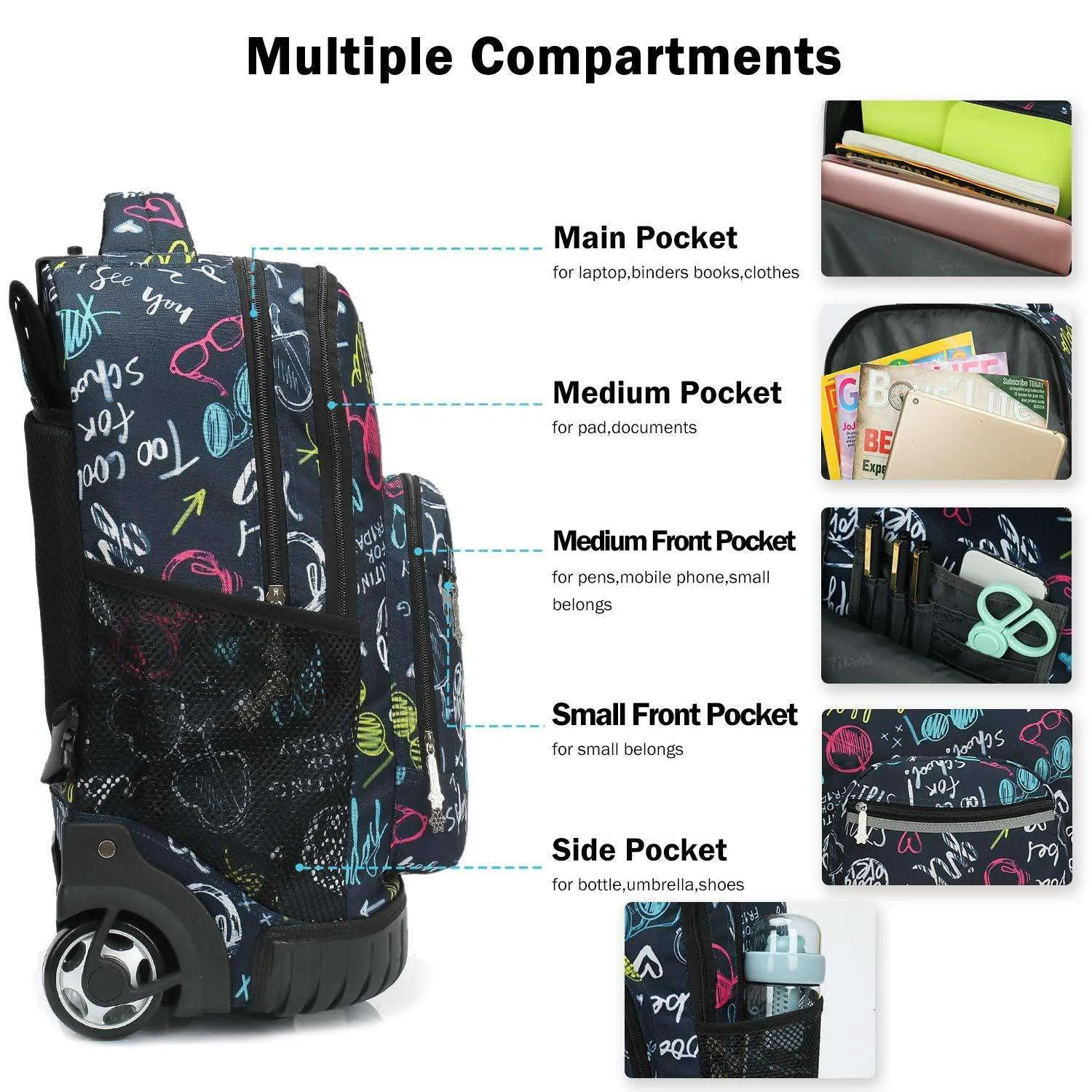 Tilami Navyblue Weekend Time 19 inch Kids Rolling Backpack Wheeled School Backpack