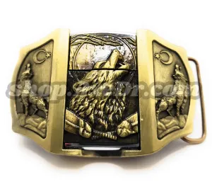 Timberwolf Howling Moon Gold Lighter Belt Buckle / Flip Style Lighter Holder Buckle