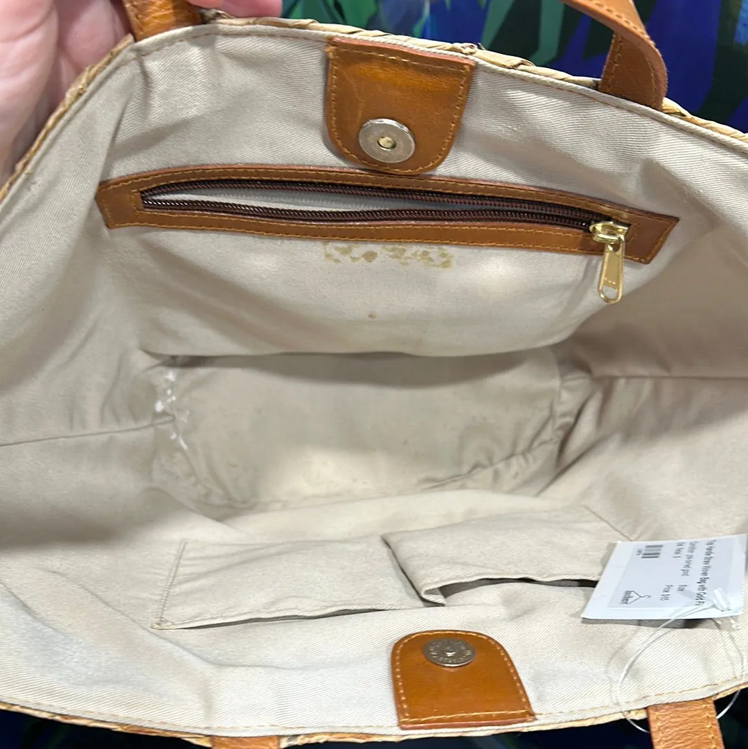 Top Handle Straw Woven Bag with Gold Flowers Beach Bag