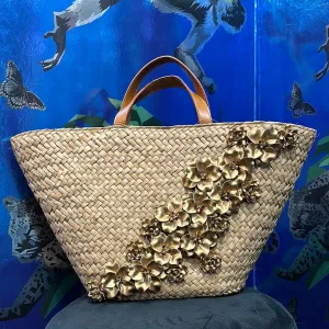 Top Handle Straw Woven Bag with Gold Flowers Beach Bag
