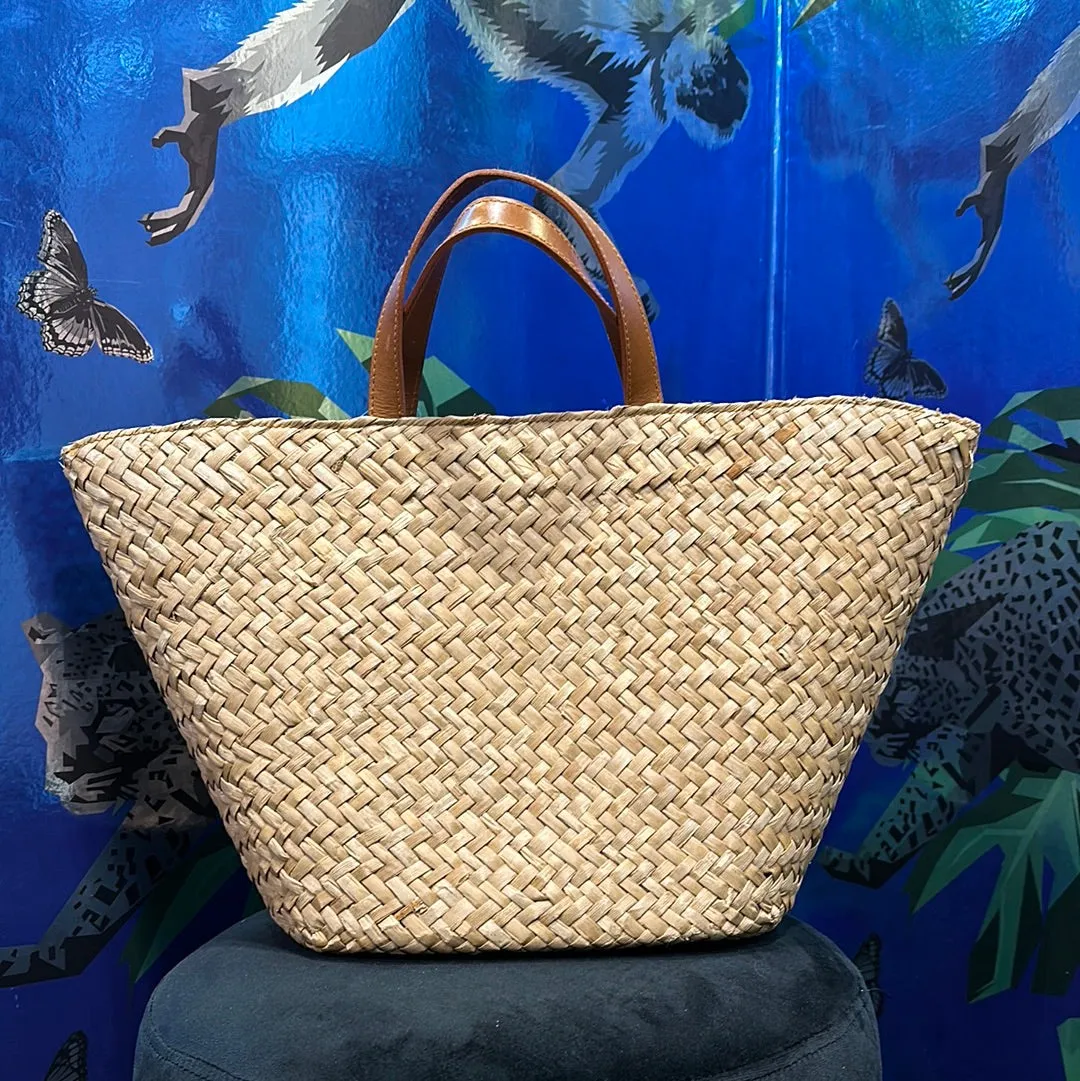 Top Handle Straw Woven Bag with Gold Flowers Beach Bag