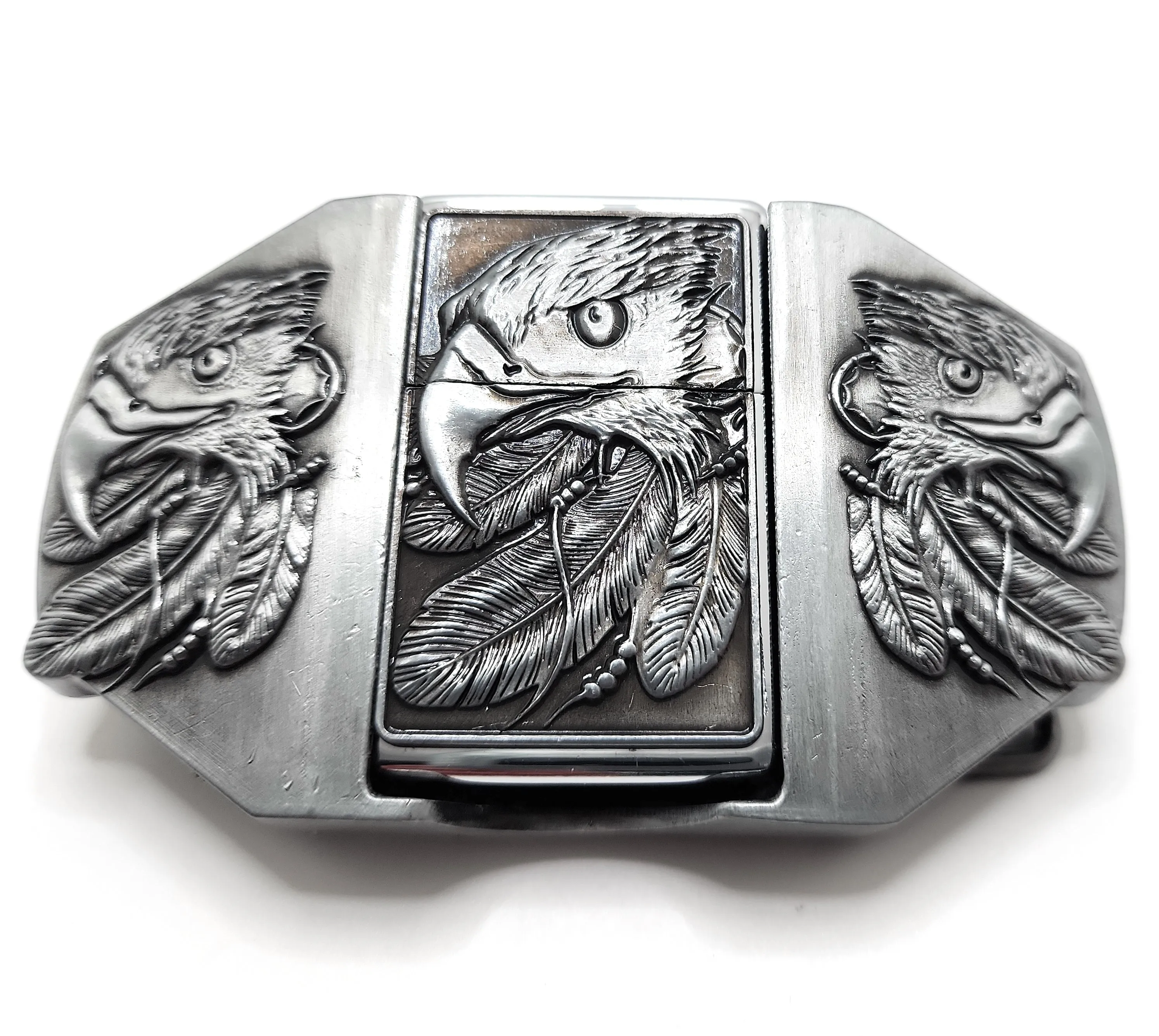 Triple Eagles Silver Lighter Belt Buckle / Flip Style Lighter Holder Buckle